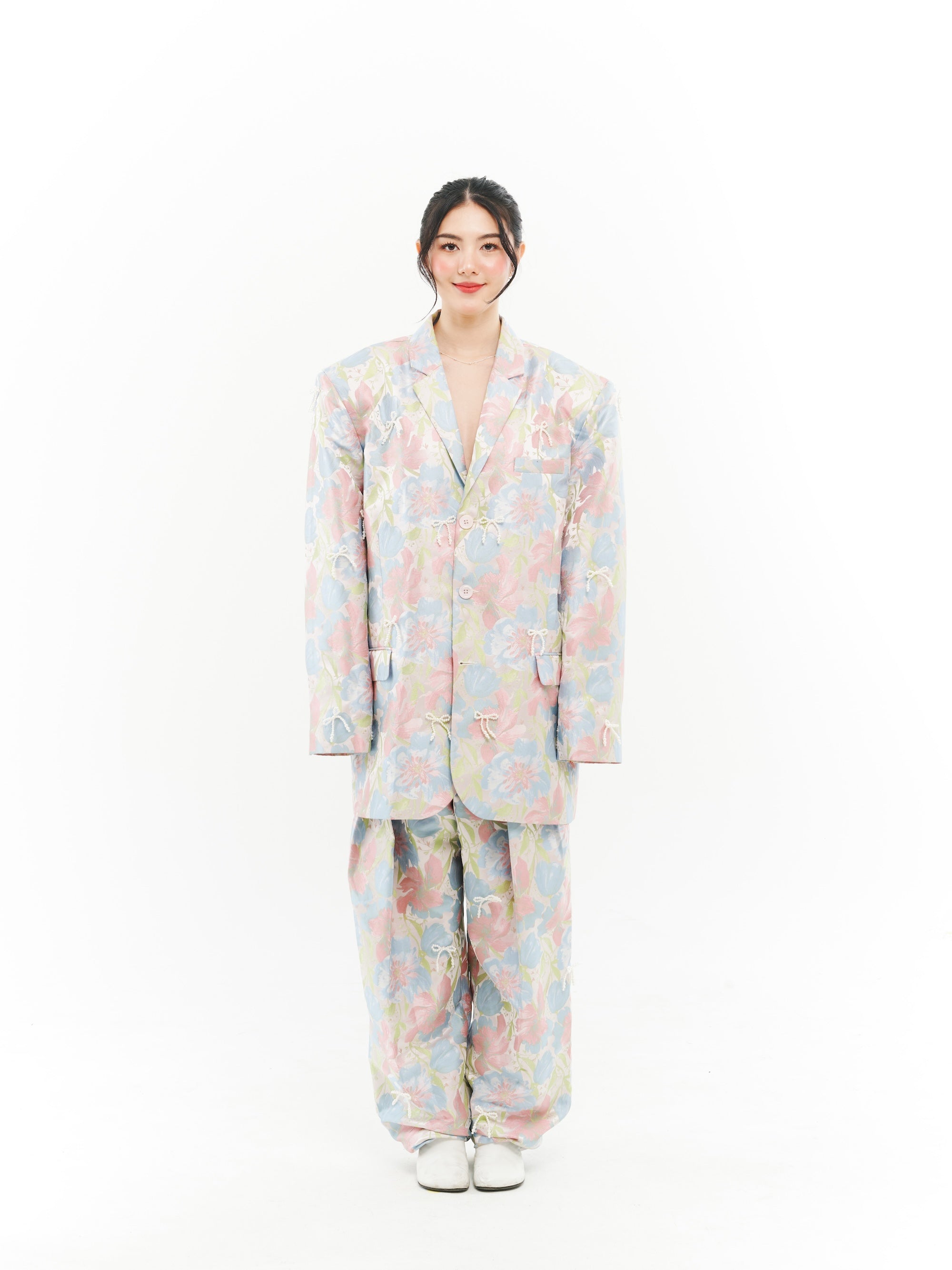 Blue Floral Ribbon Beaded Suit Set