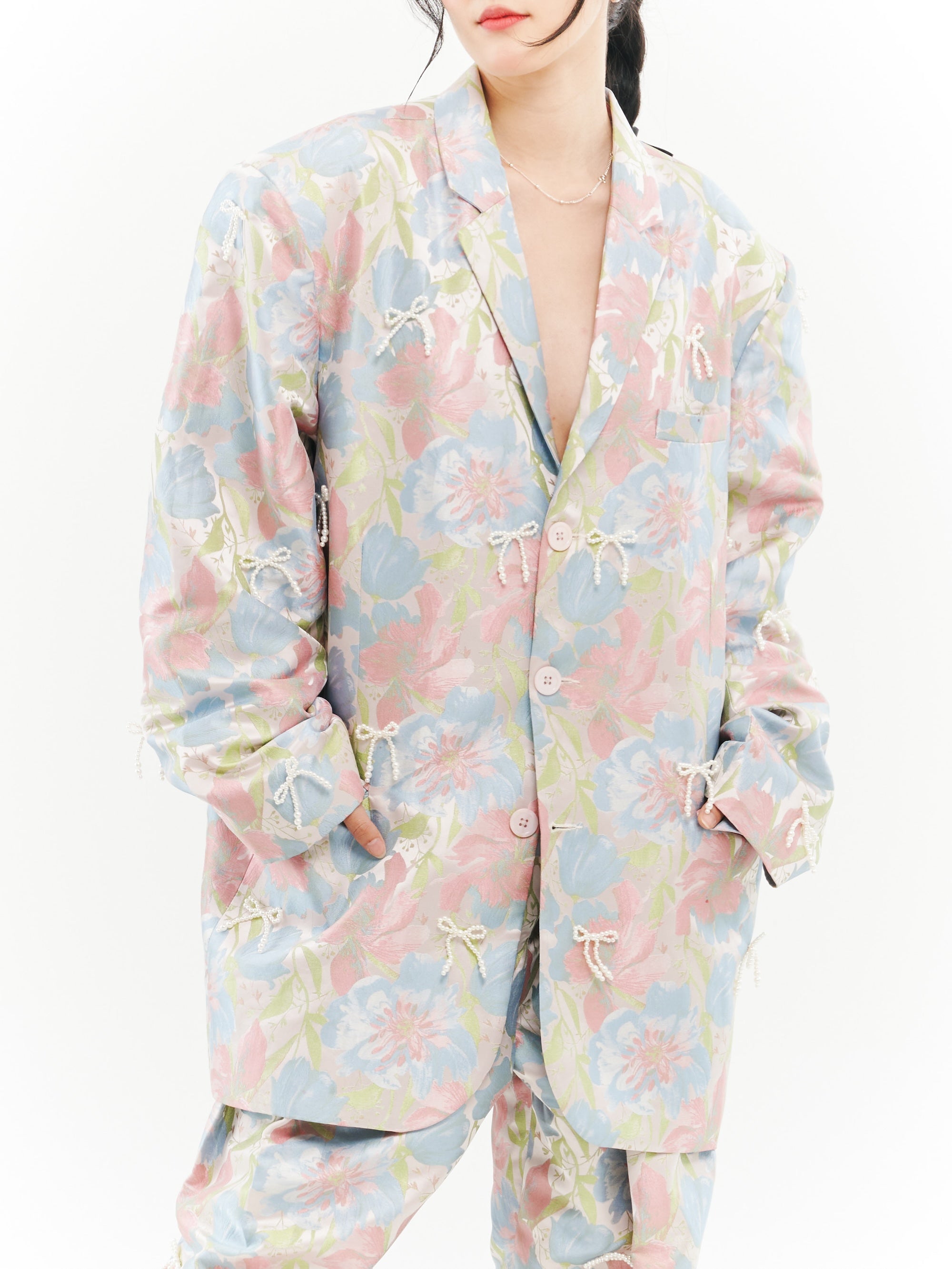 Blue Floral Ribbon Beaded Suit Set