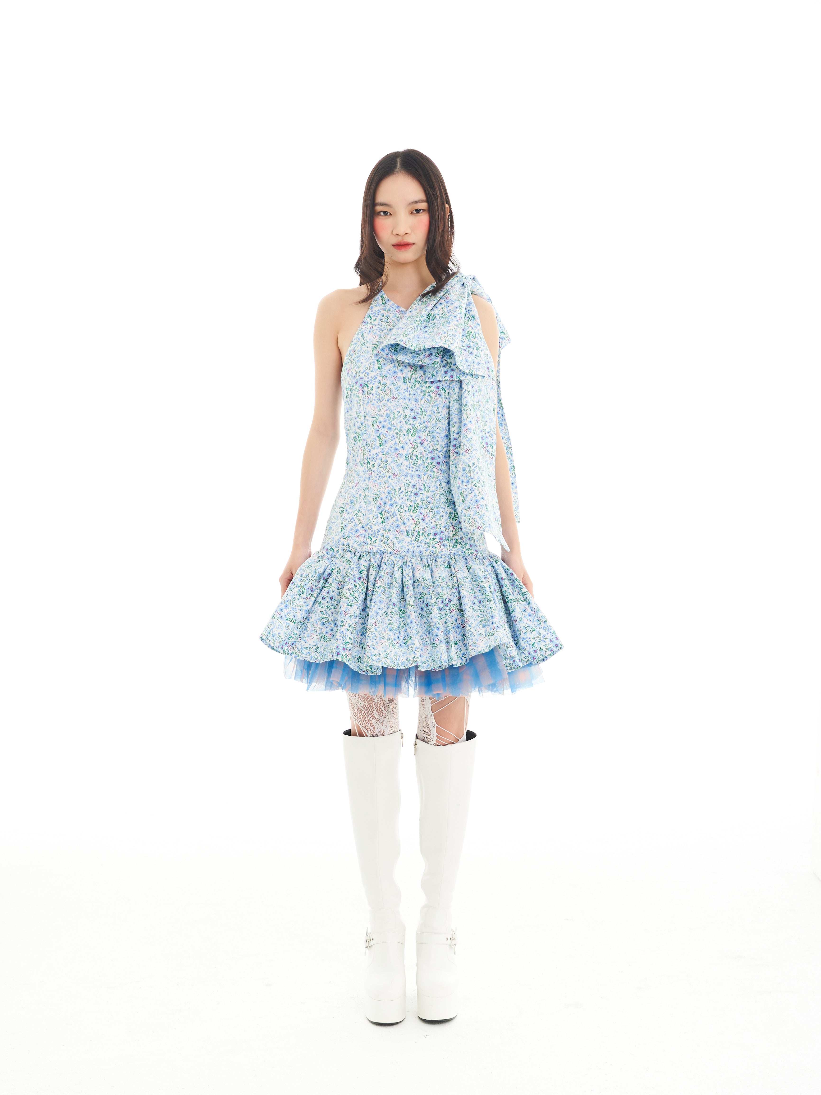 Blue Stacked Ribbon Mini Dress