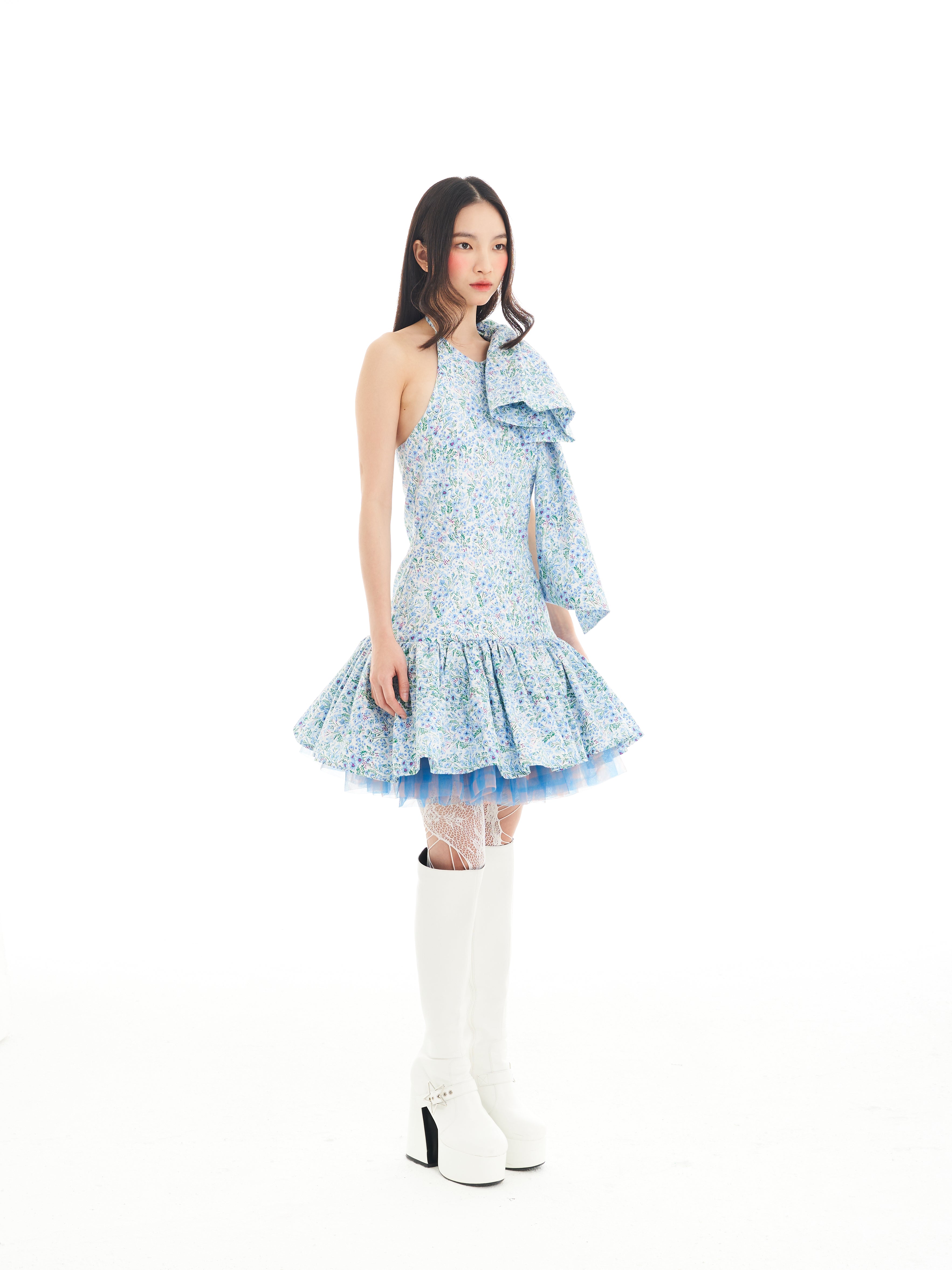 Blue Stacked Ribbon Mini Dress
