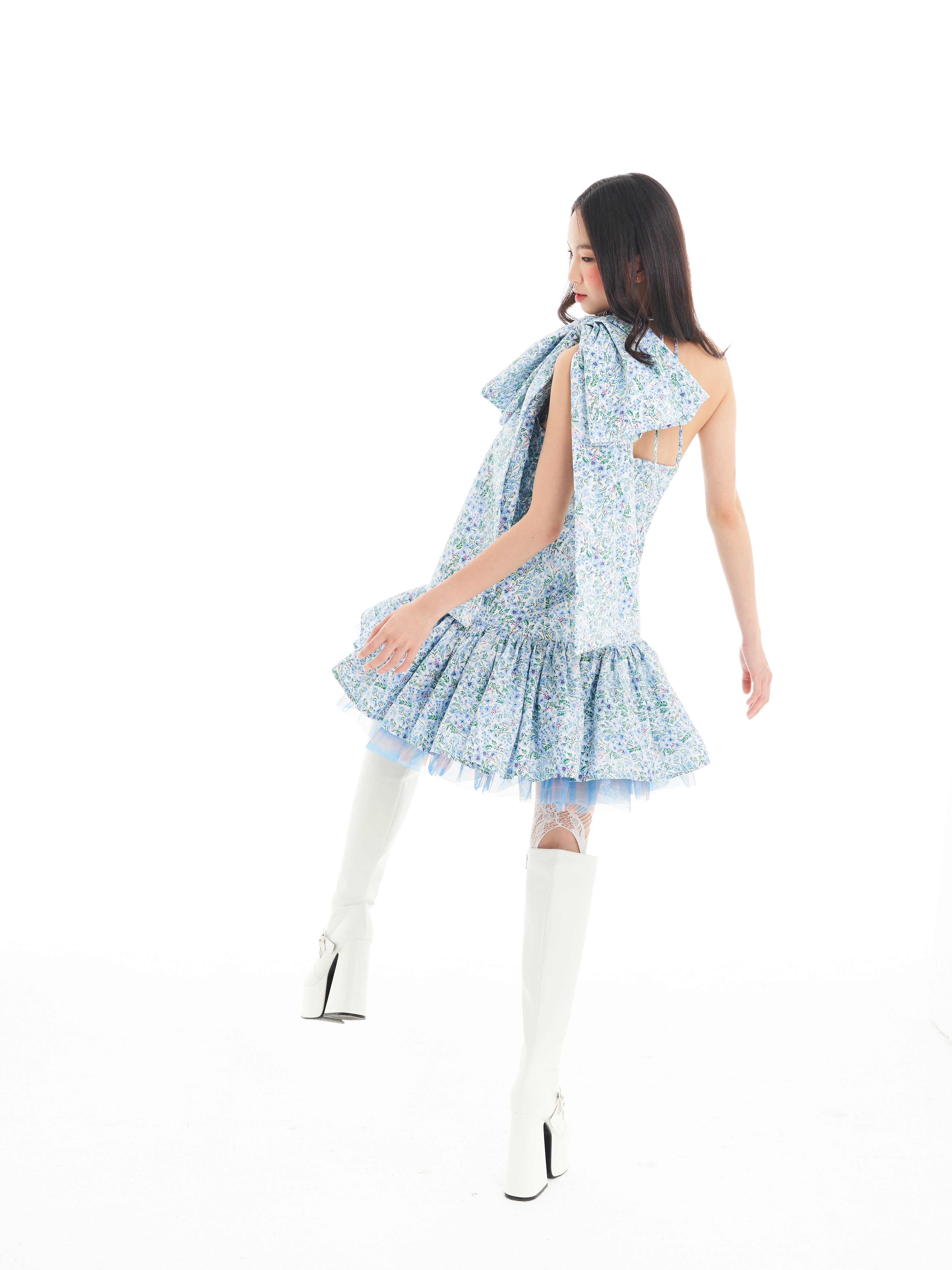 Blue Stacked Ribbon Mini Dress