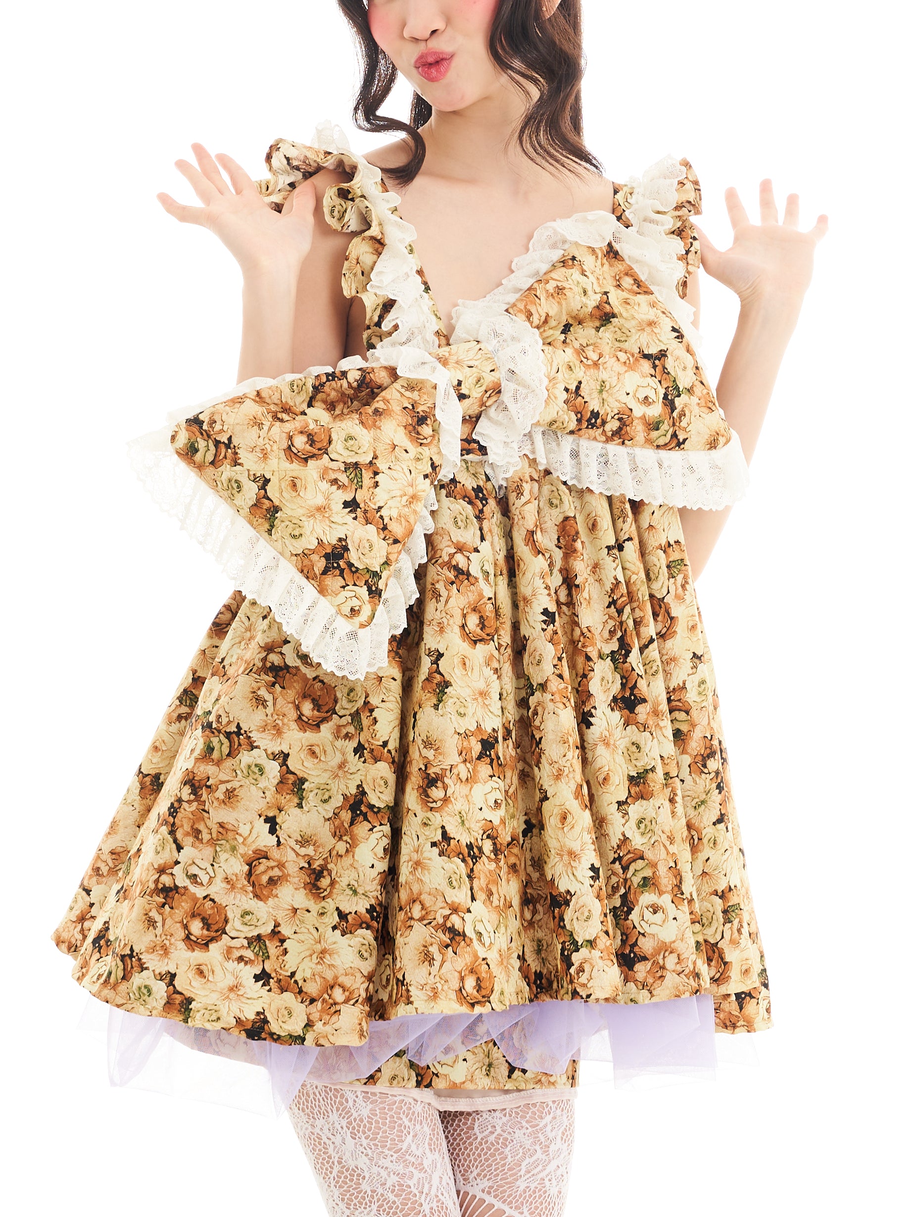 Brown Bow Floral Mini Dress