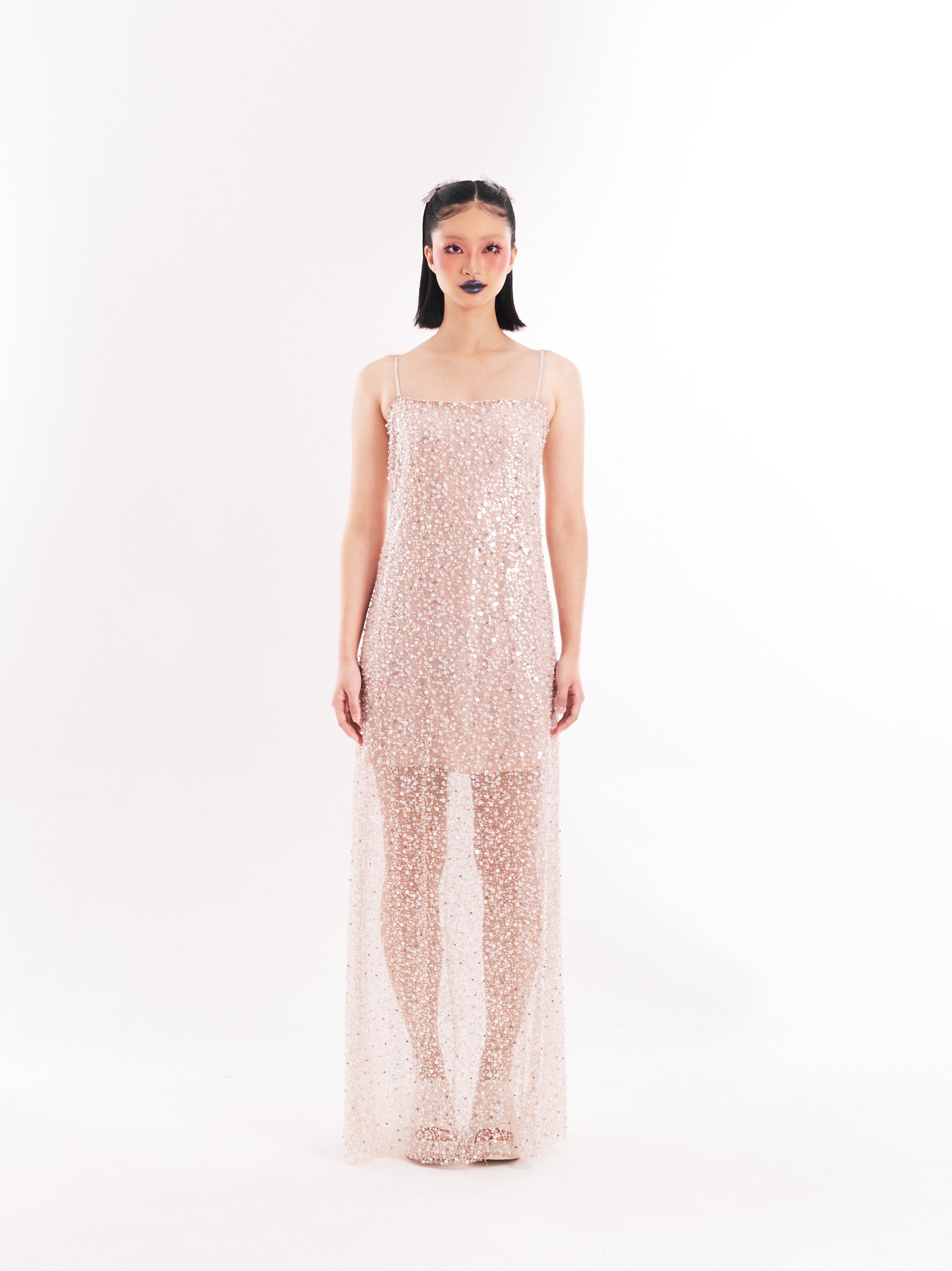 Beige Beaded Maxi Dress