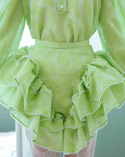Green Cabbage Flare Short Skirt