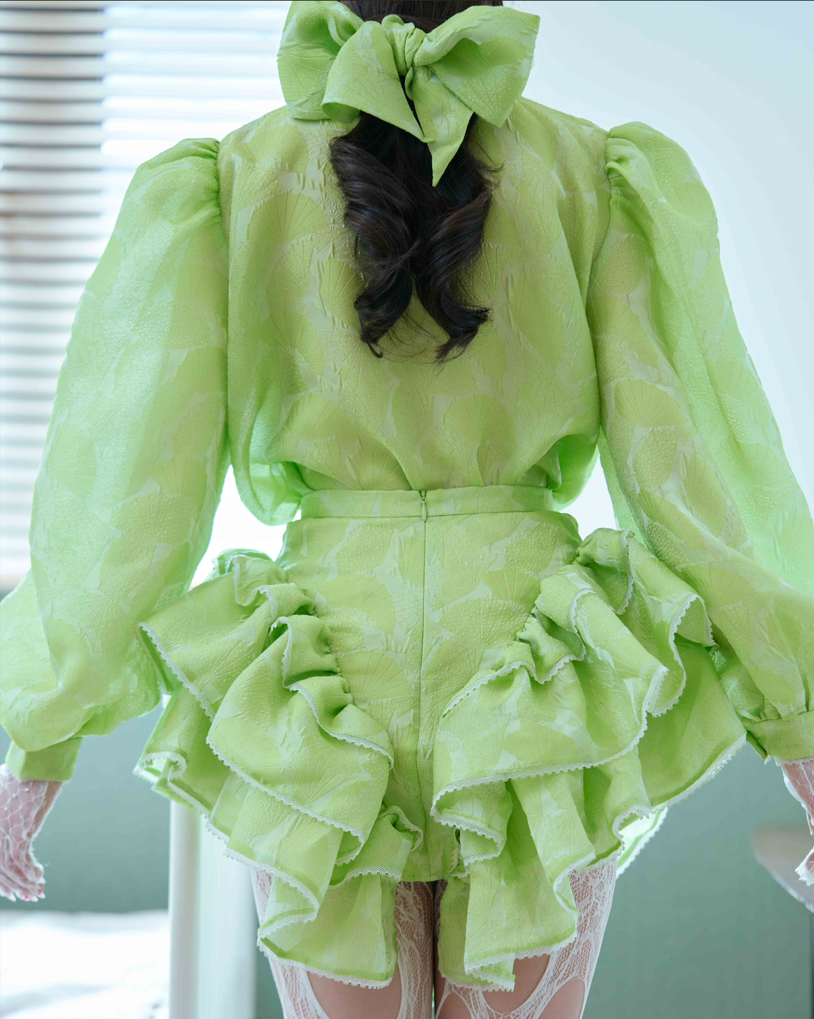 Green Cabbage Flare Short Skirt