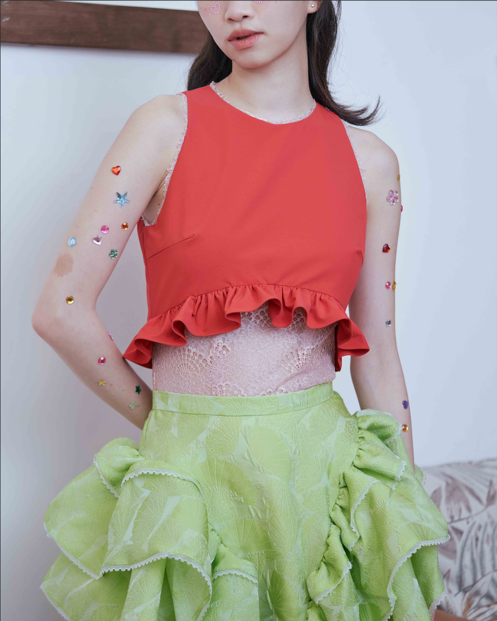 Red Easy Glow Ruffles Lace Tank Top