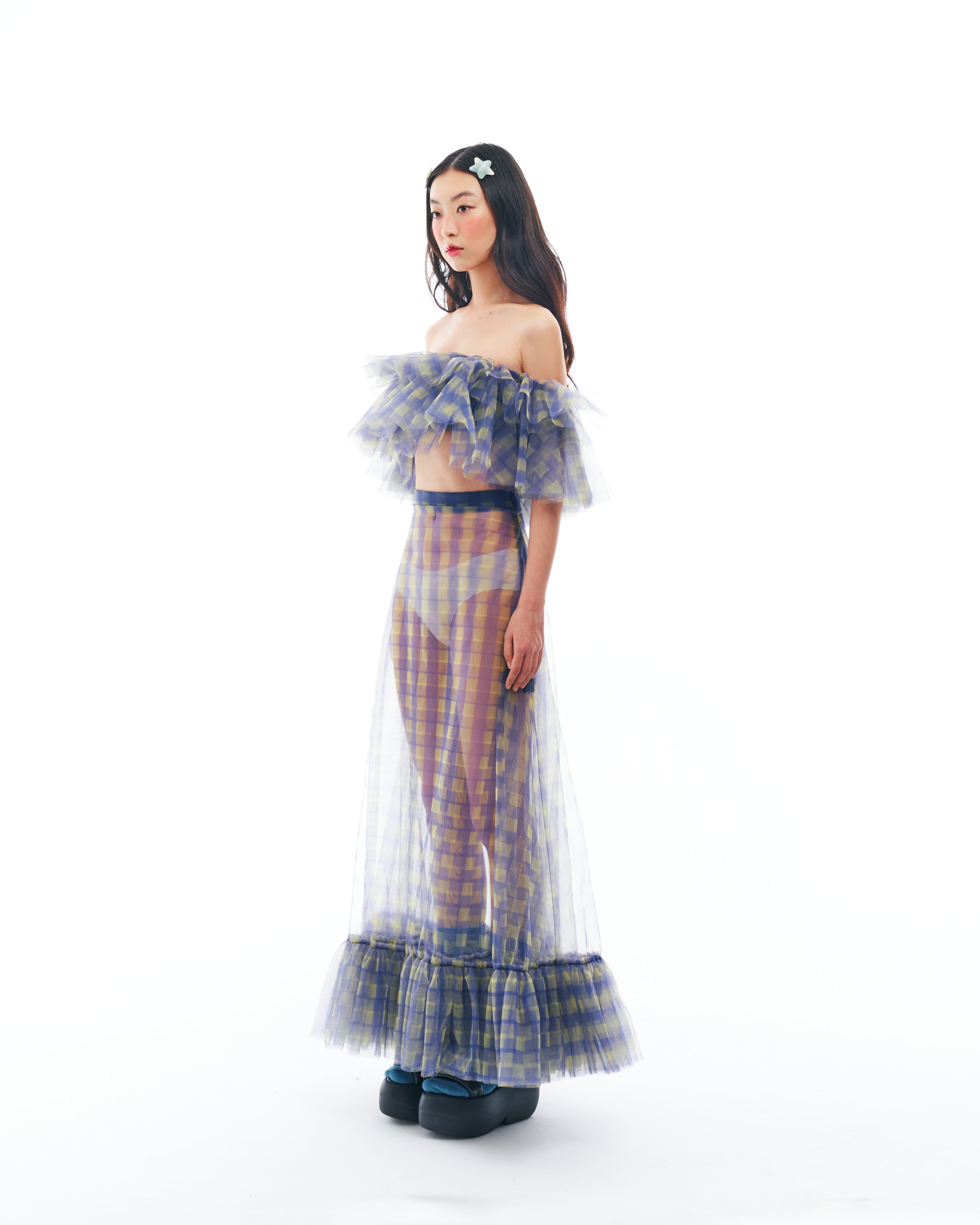 Blue and Yellow Checkered Ruffle Skirt Set