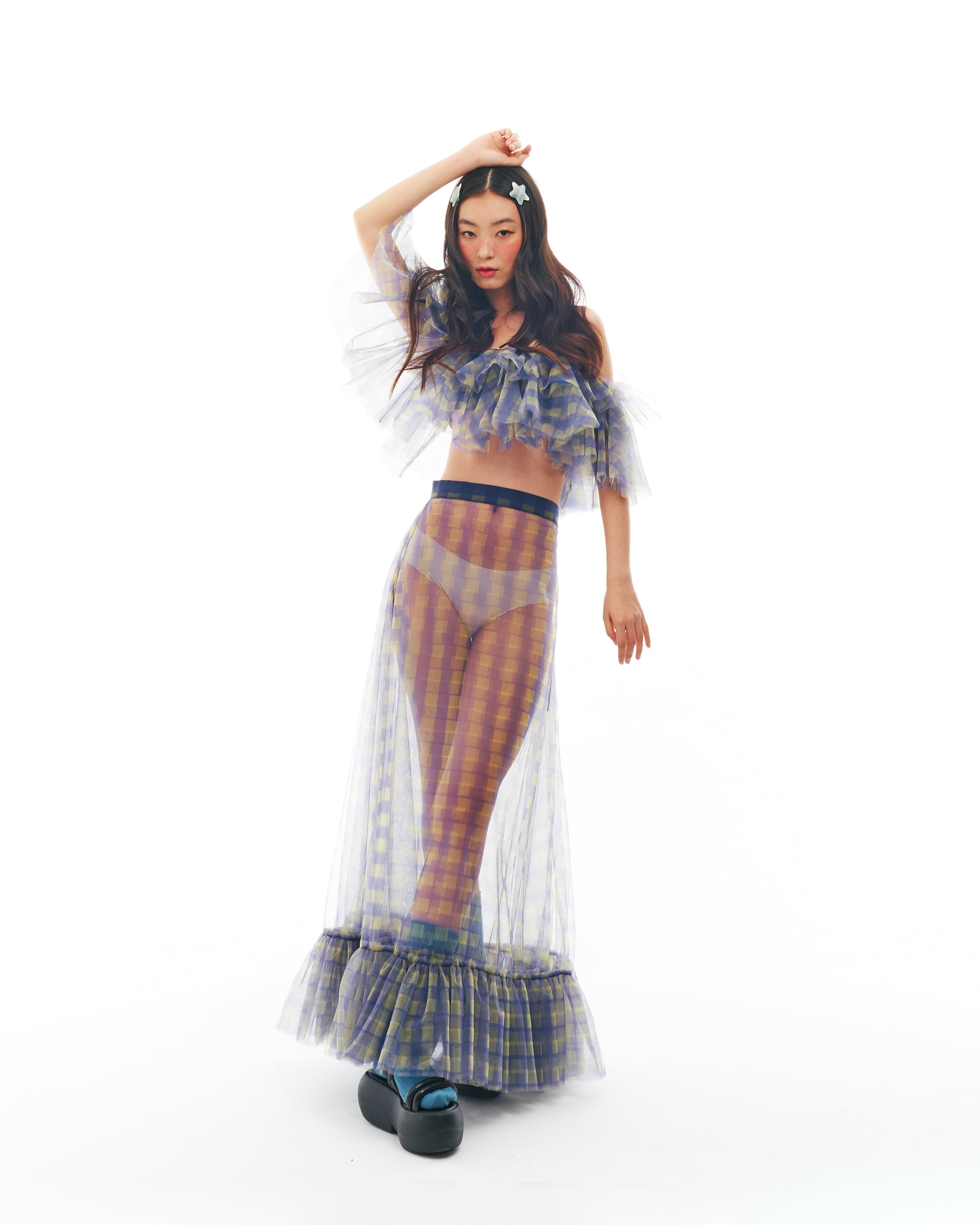 Blue and Yellow Checkered Ruffle Skirt Set