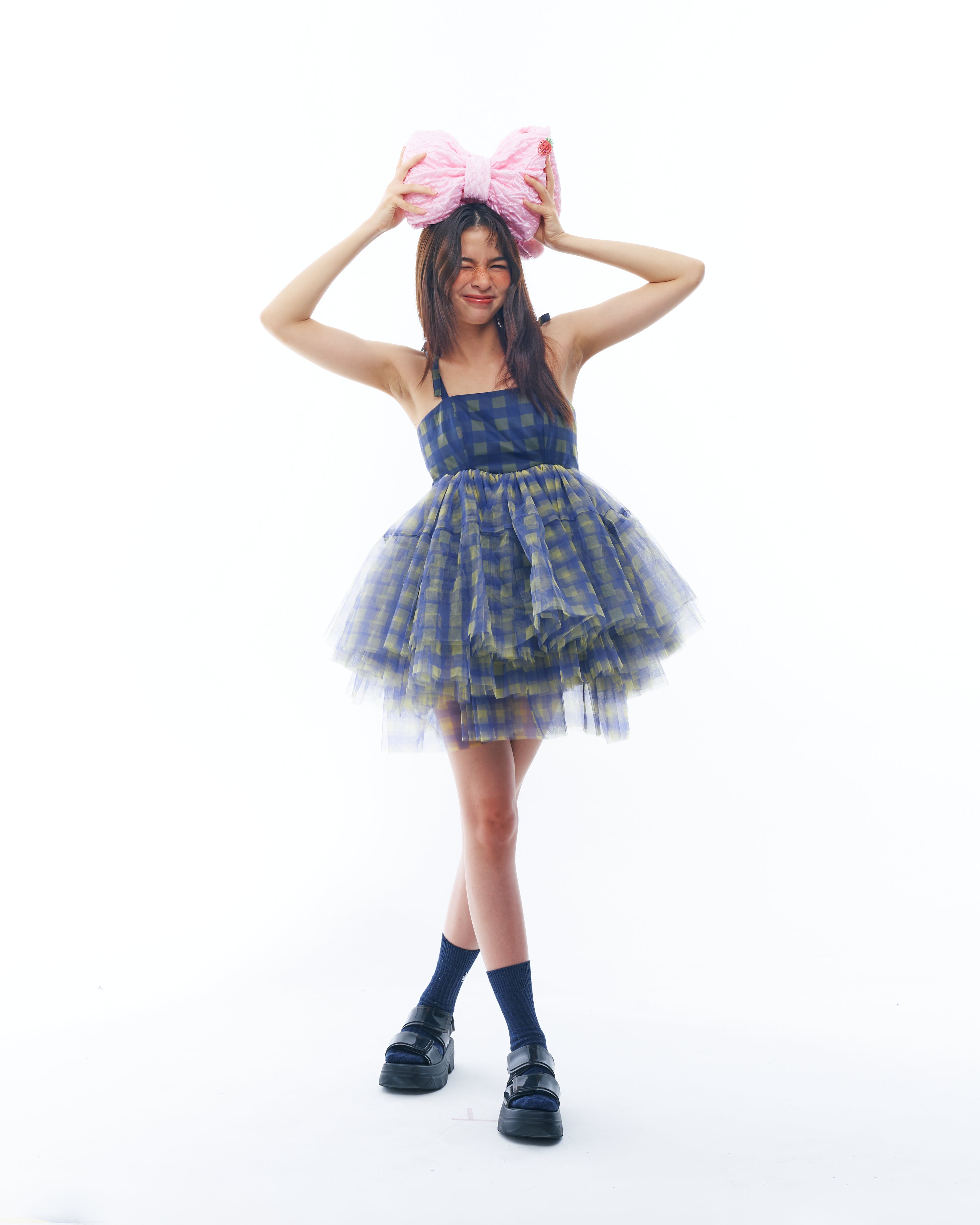 Blue and Yellow Checkered Tutu Dress