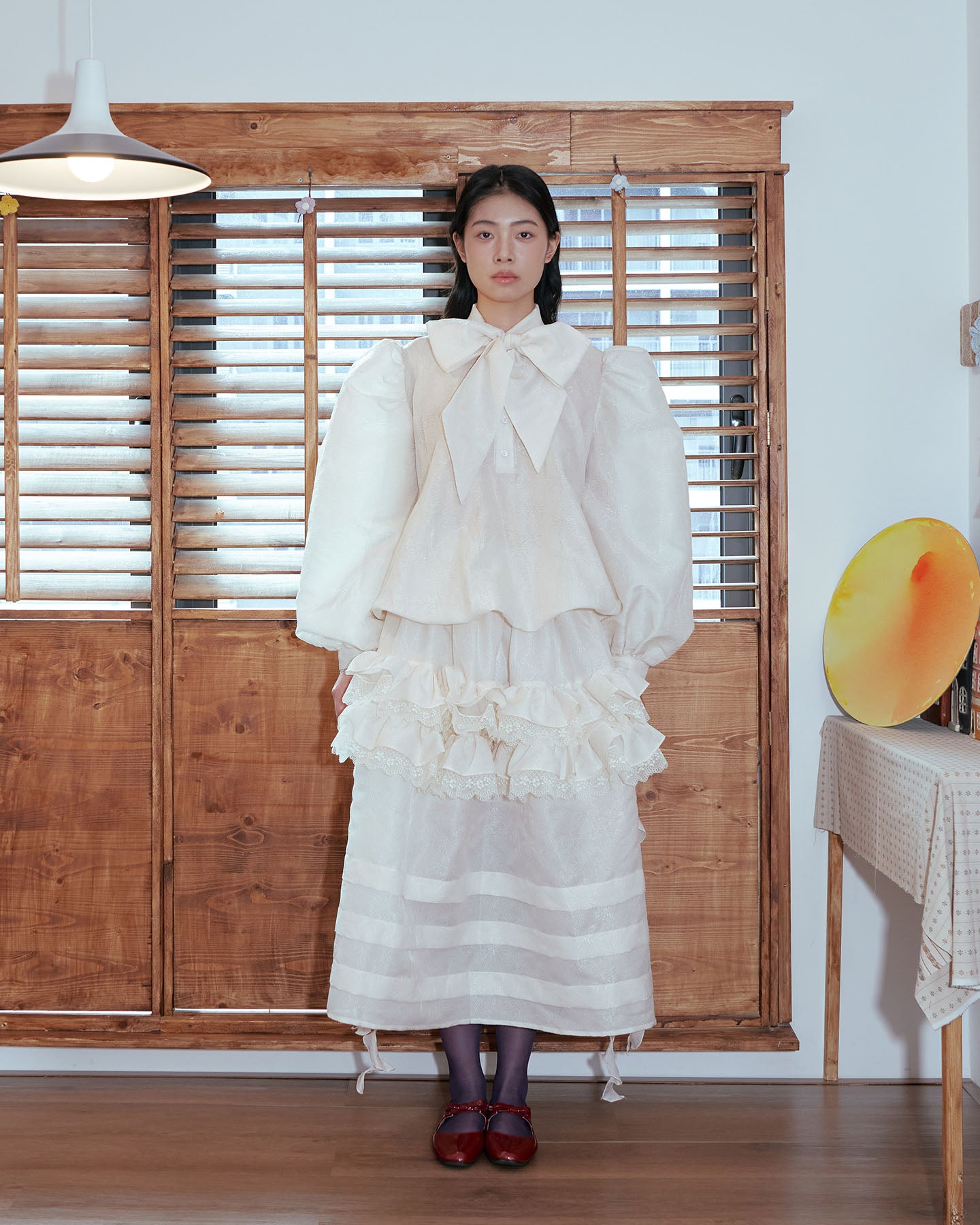 Beige Cabbage Puffy Bow Blouse