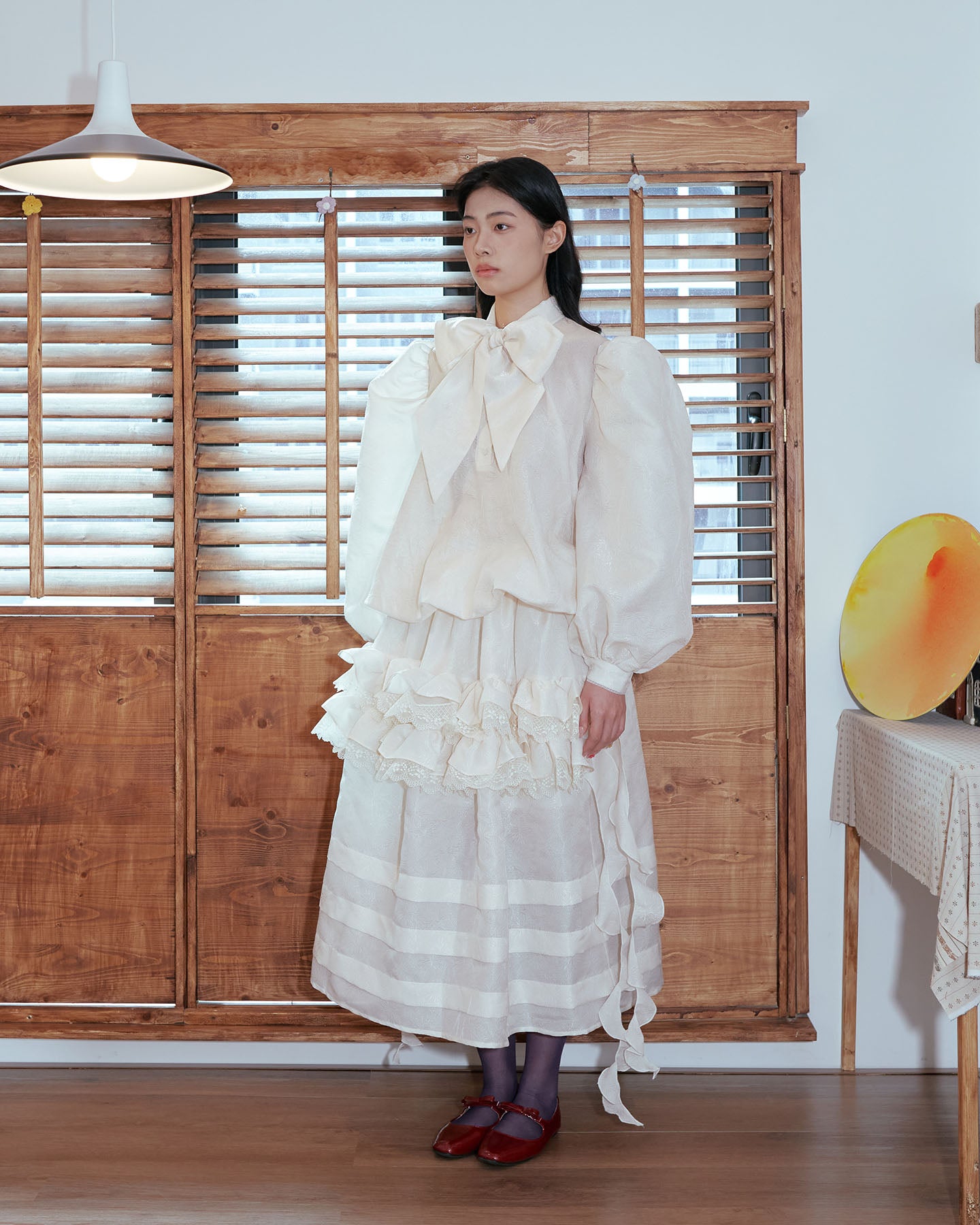 Beige Cabbage Puffy Bow Blouse