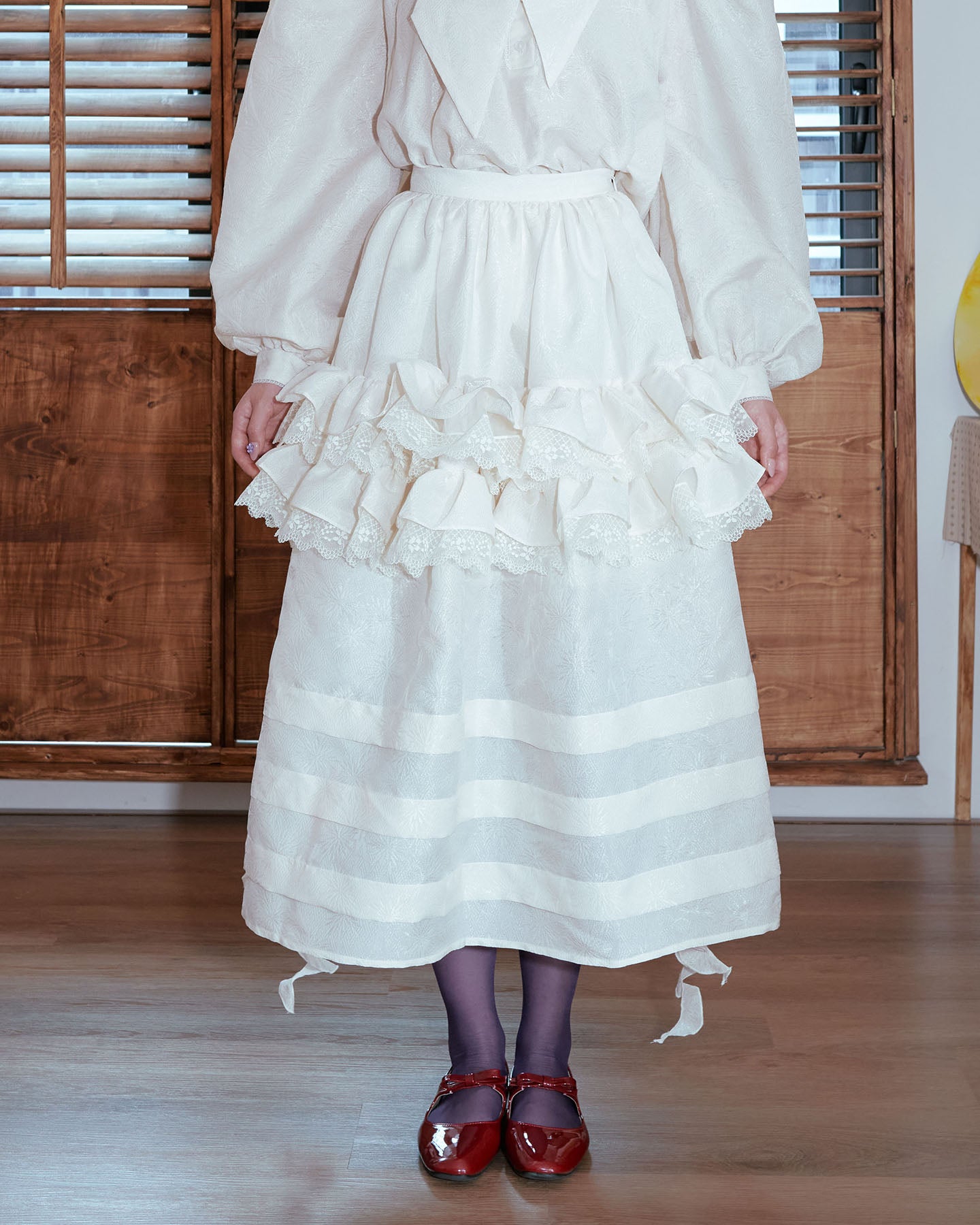 Beige Cabbage Ruffles Pleated Flare Midi Skirt