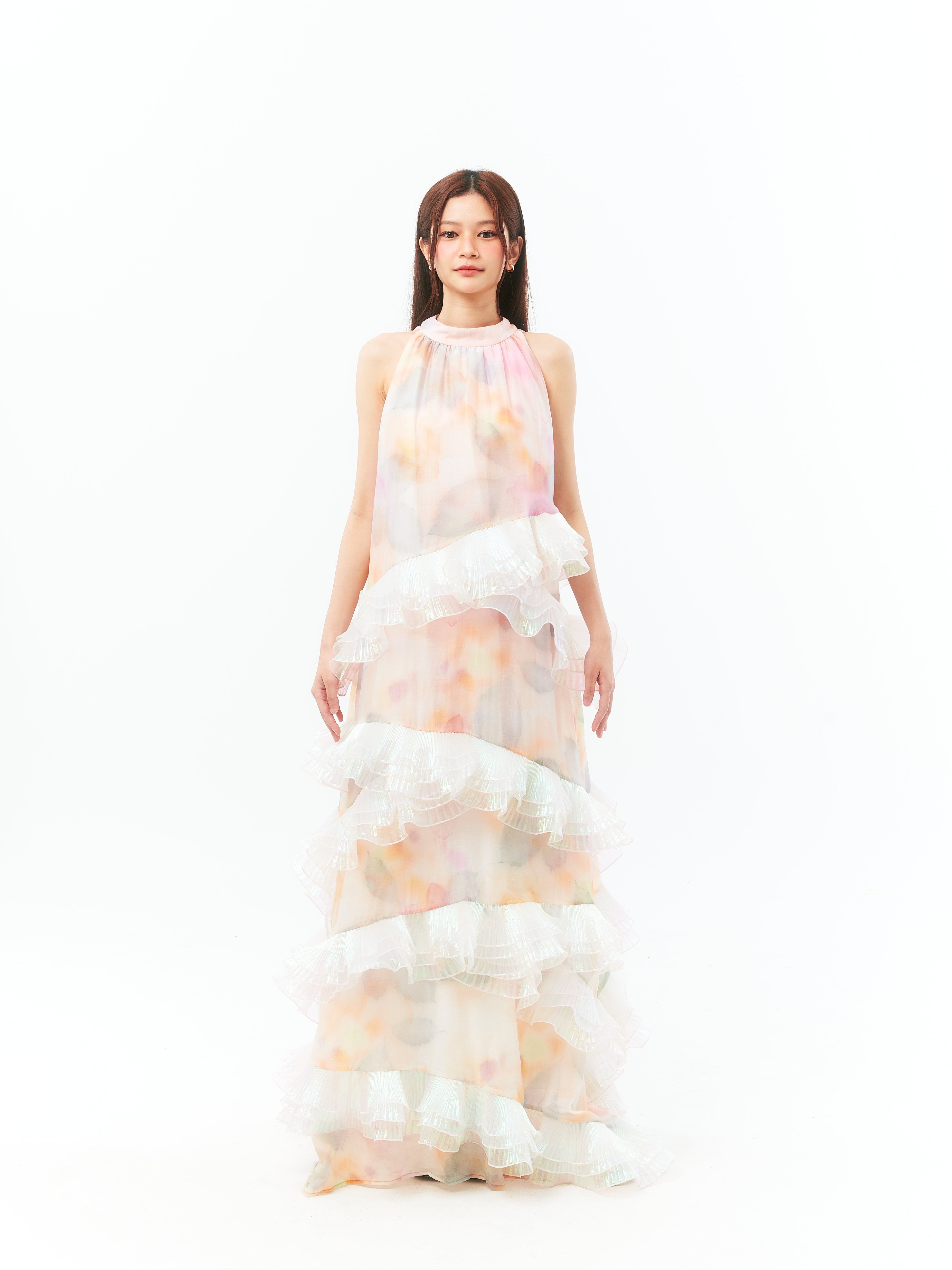 Beige Mermaid Princess Flowy Maxi Dress