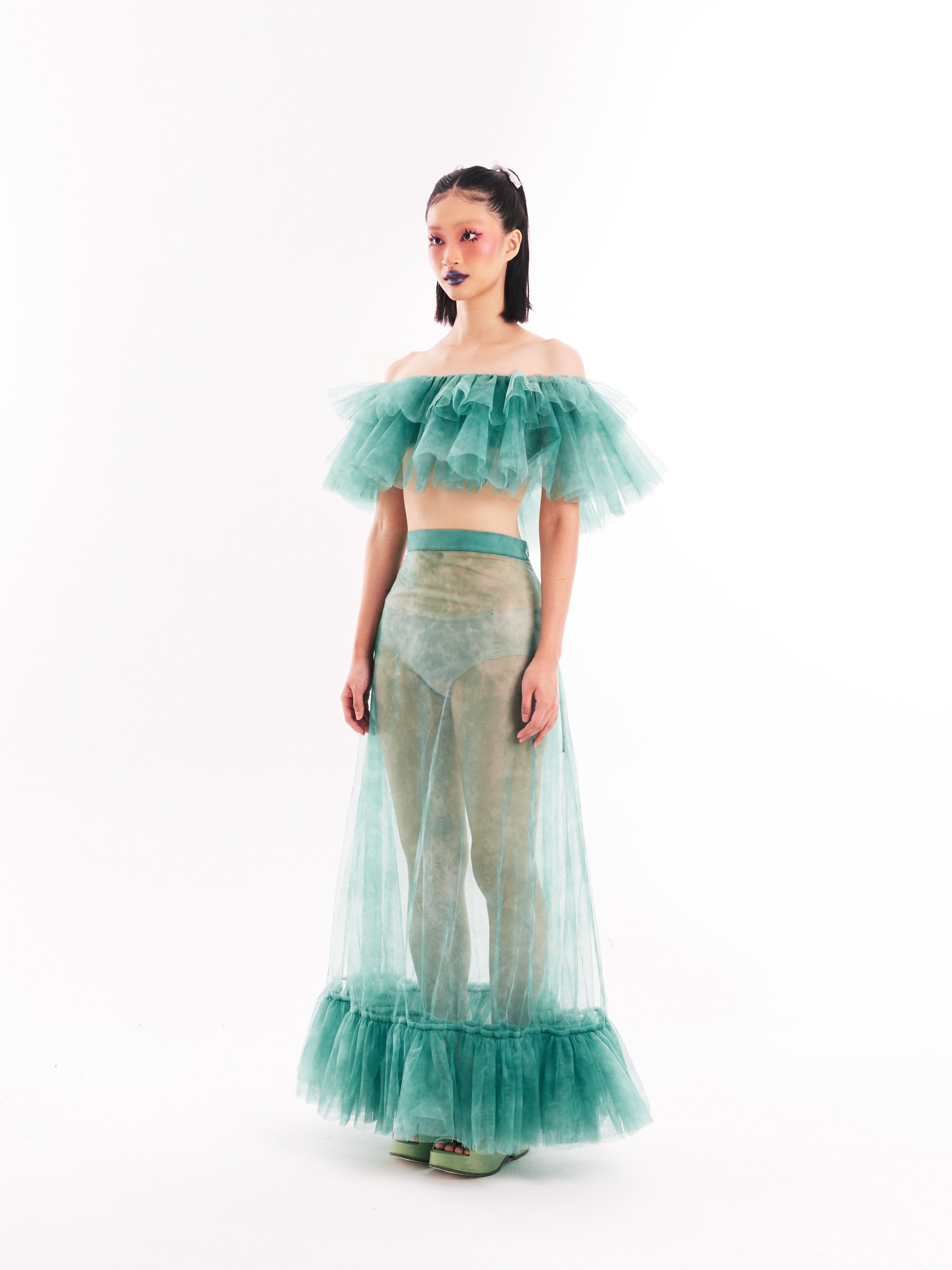 Green Ruffle Bustier and Skirt Set