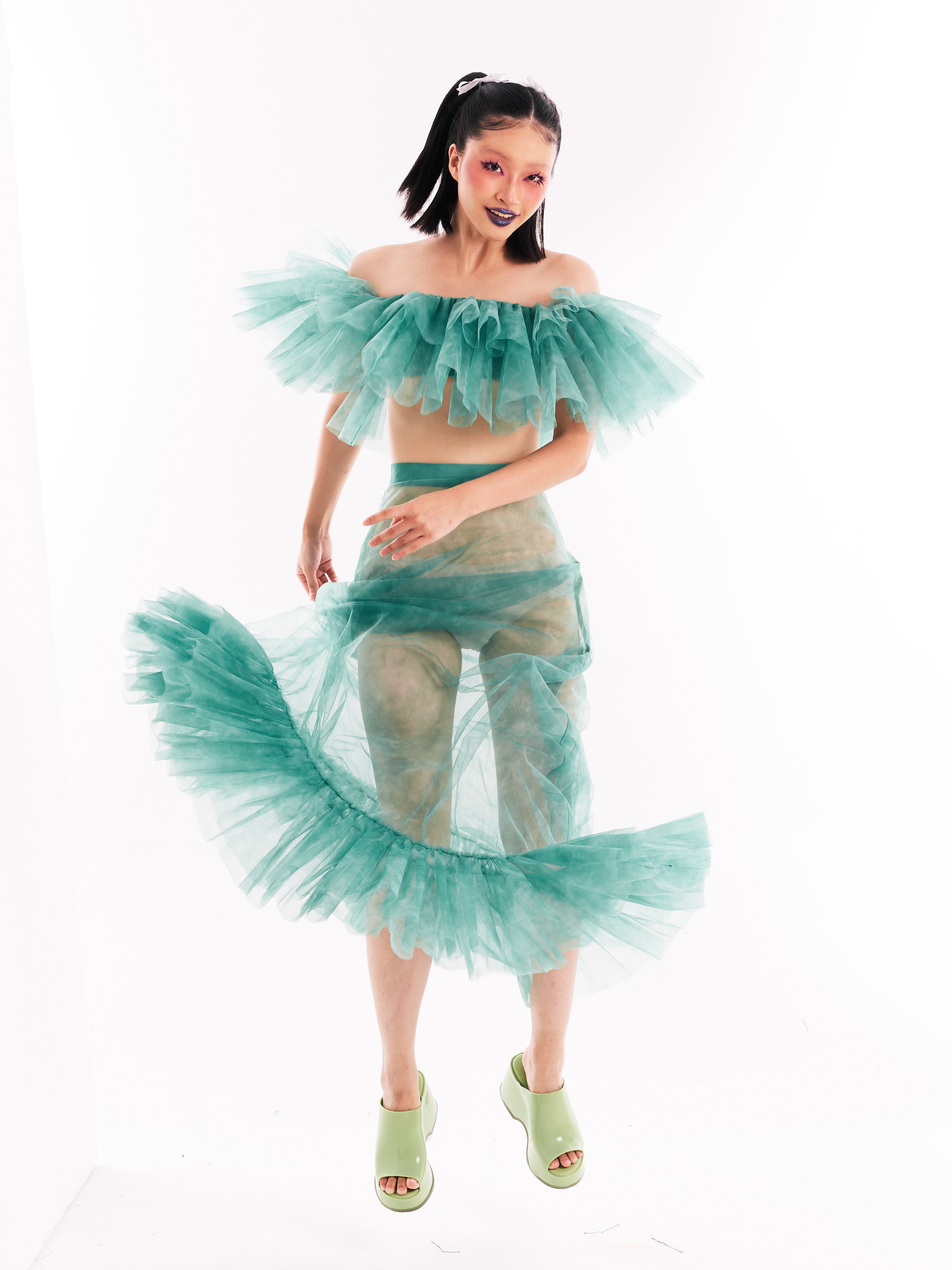 Green Ruffle Bustier and Skirt Set