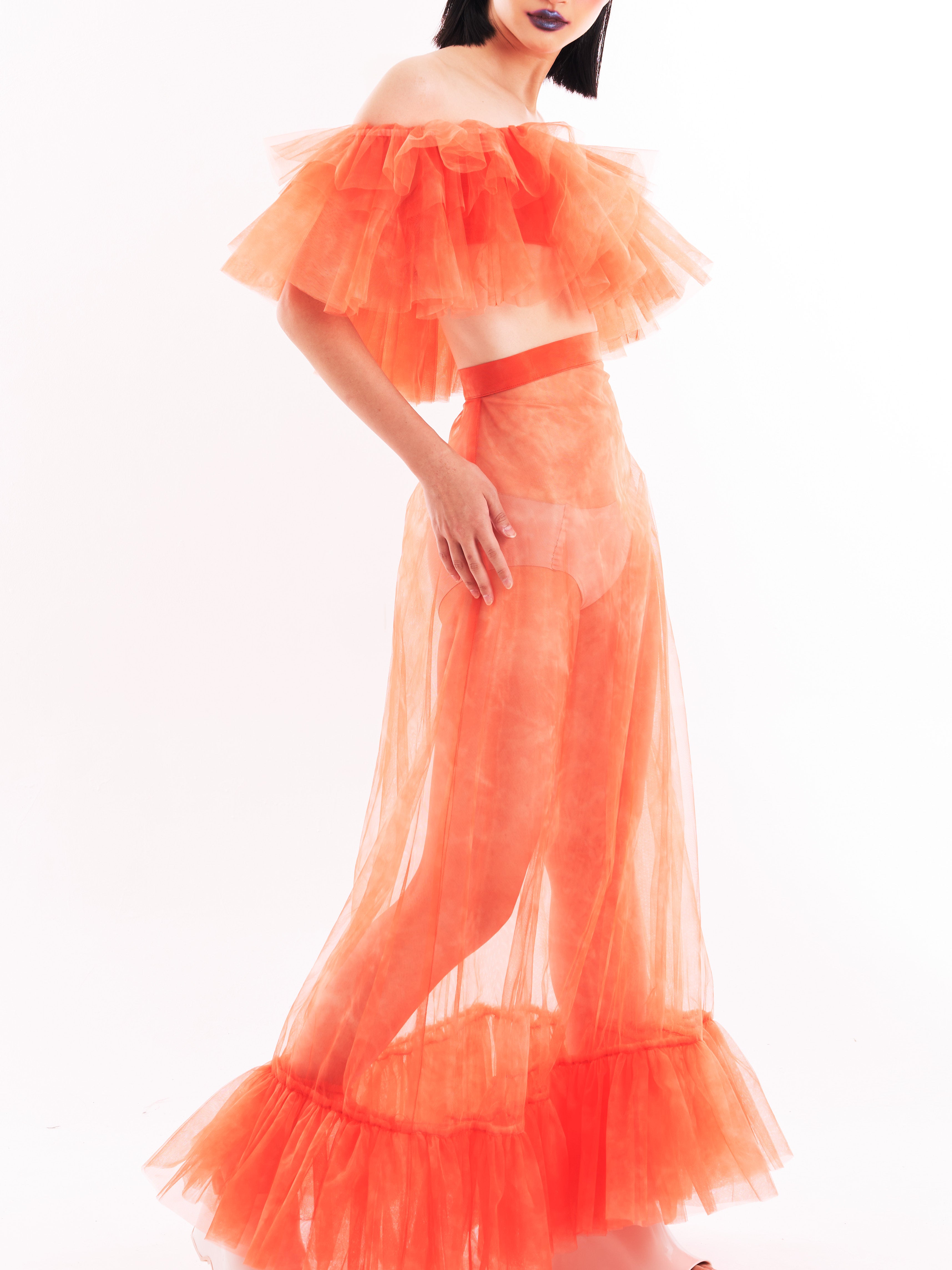 Orange Ruffle Bustier and Skirt Set