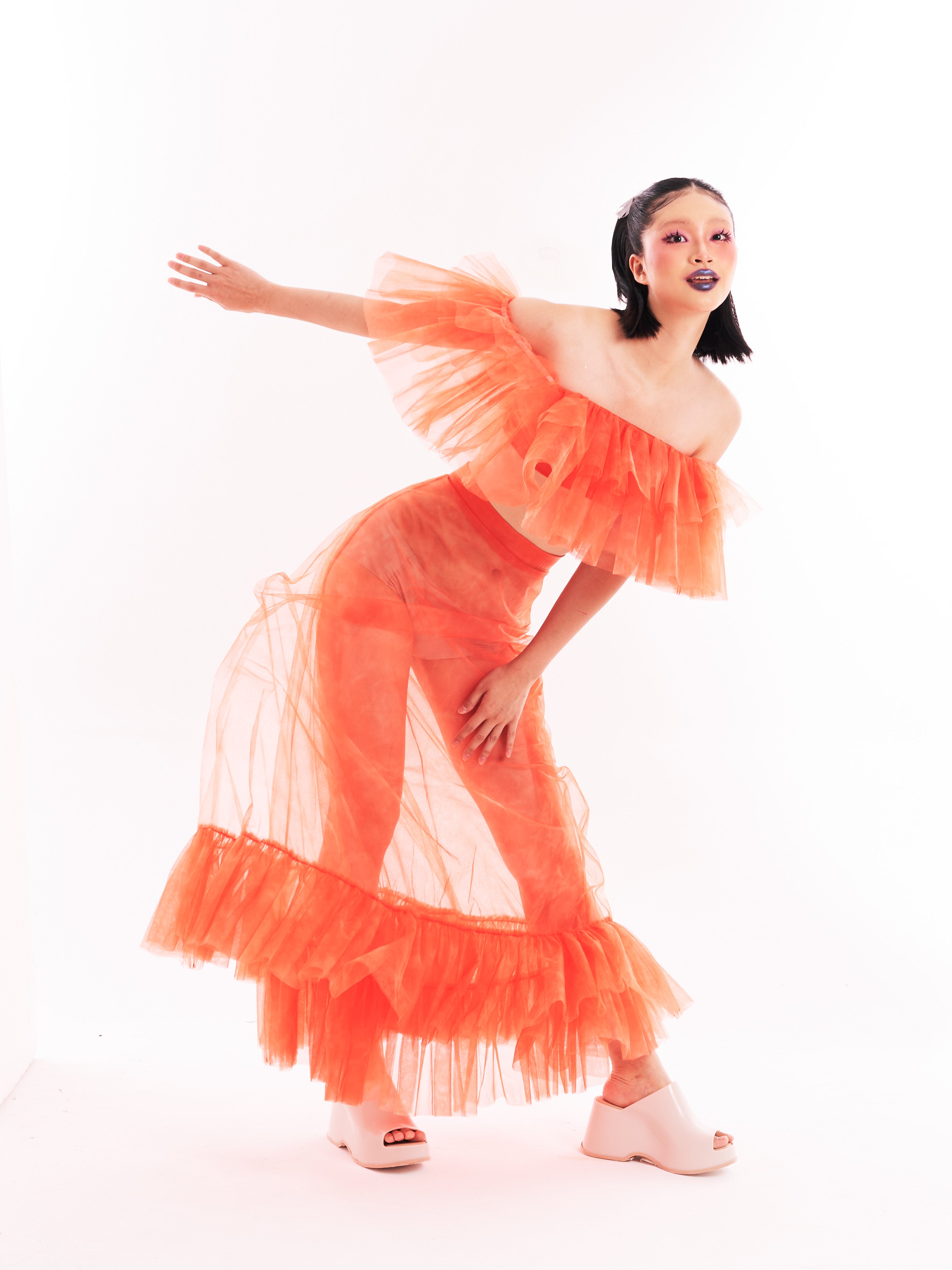 Orange Ruffle Bustier and Skirt Set