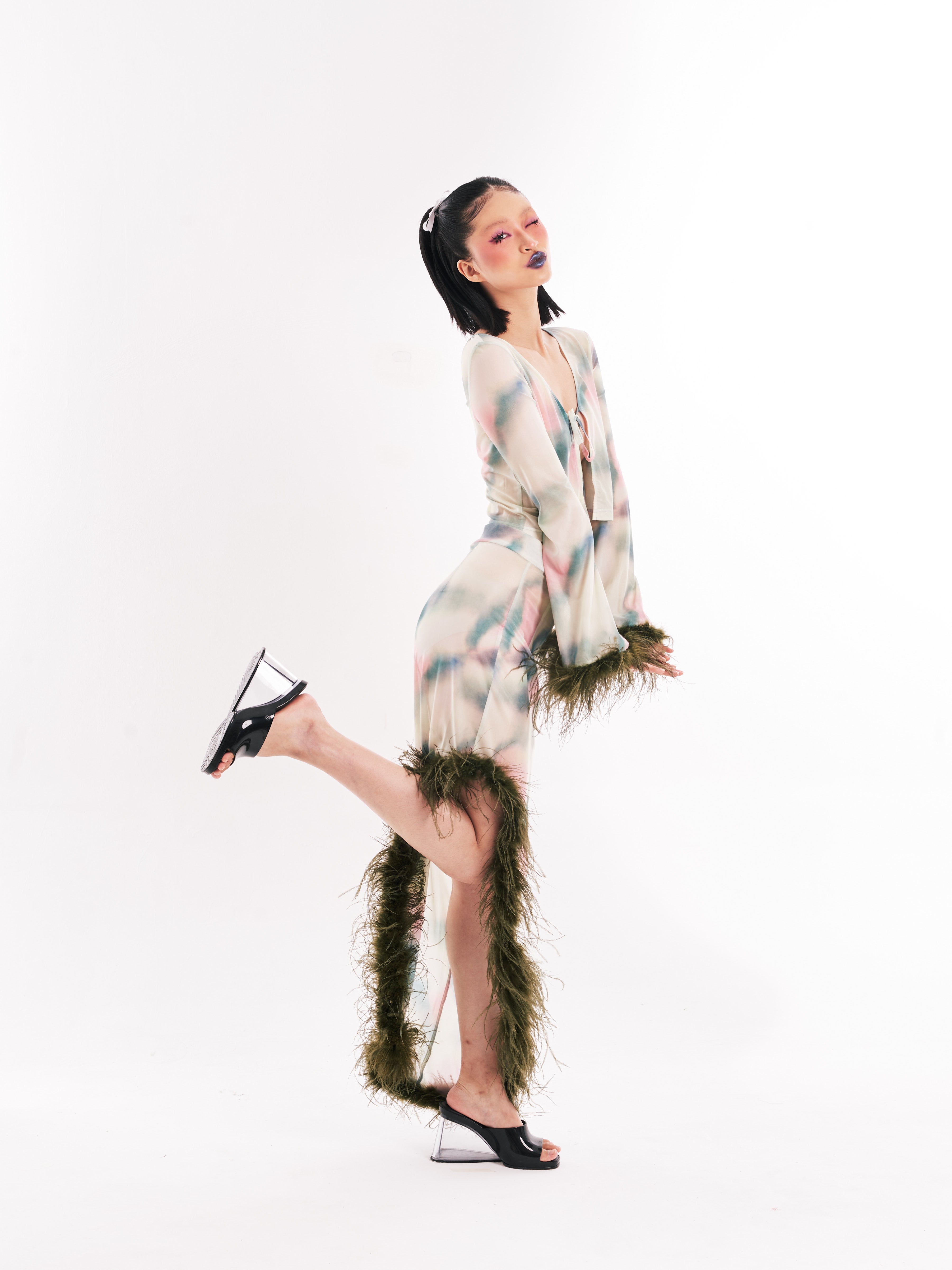 Green Faux Fur Sheer Set