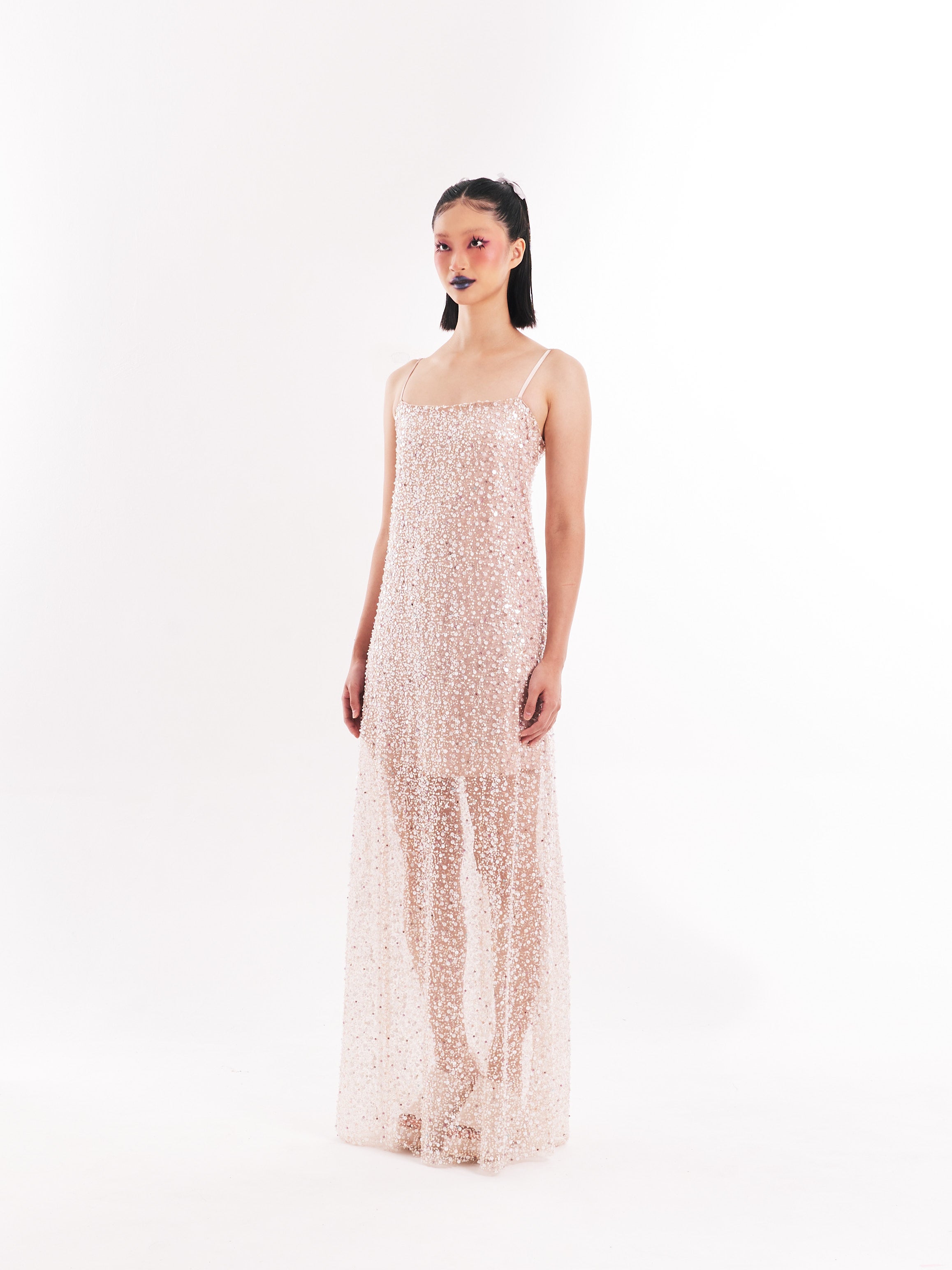 Beige Beaded Maxi Dress