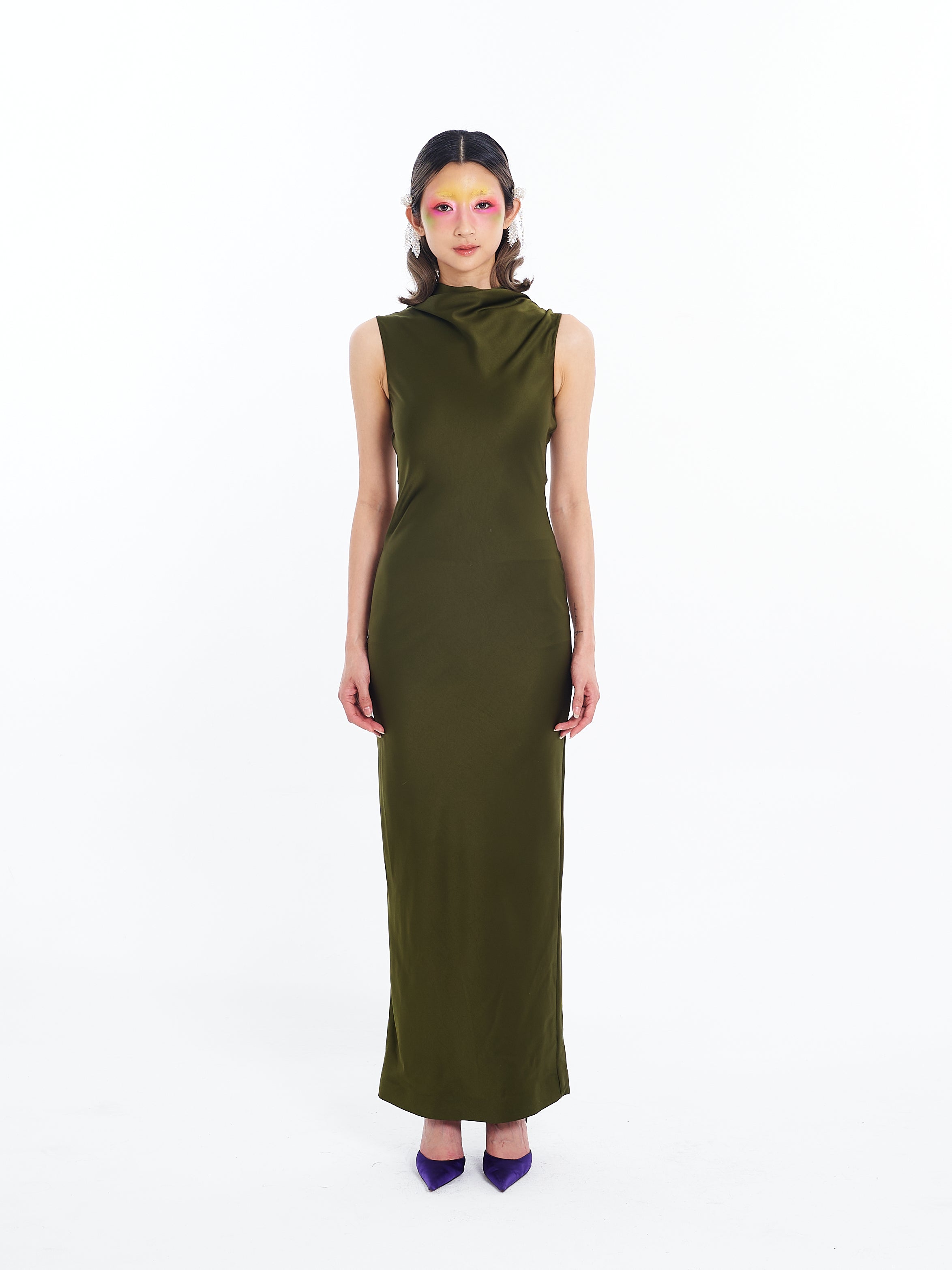 Green Fitted Cowl Maxi Dress
