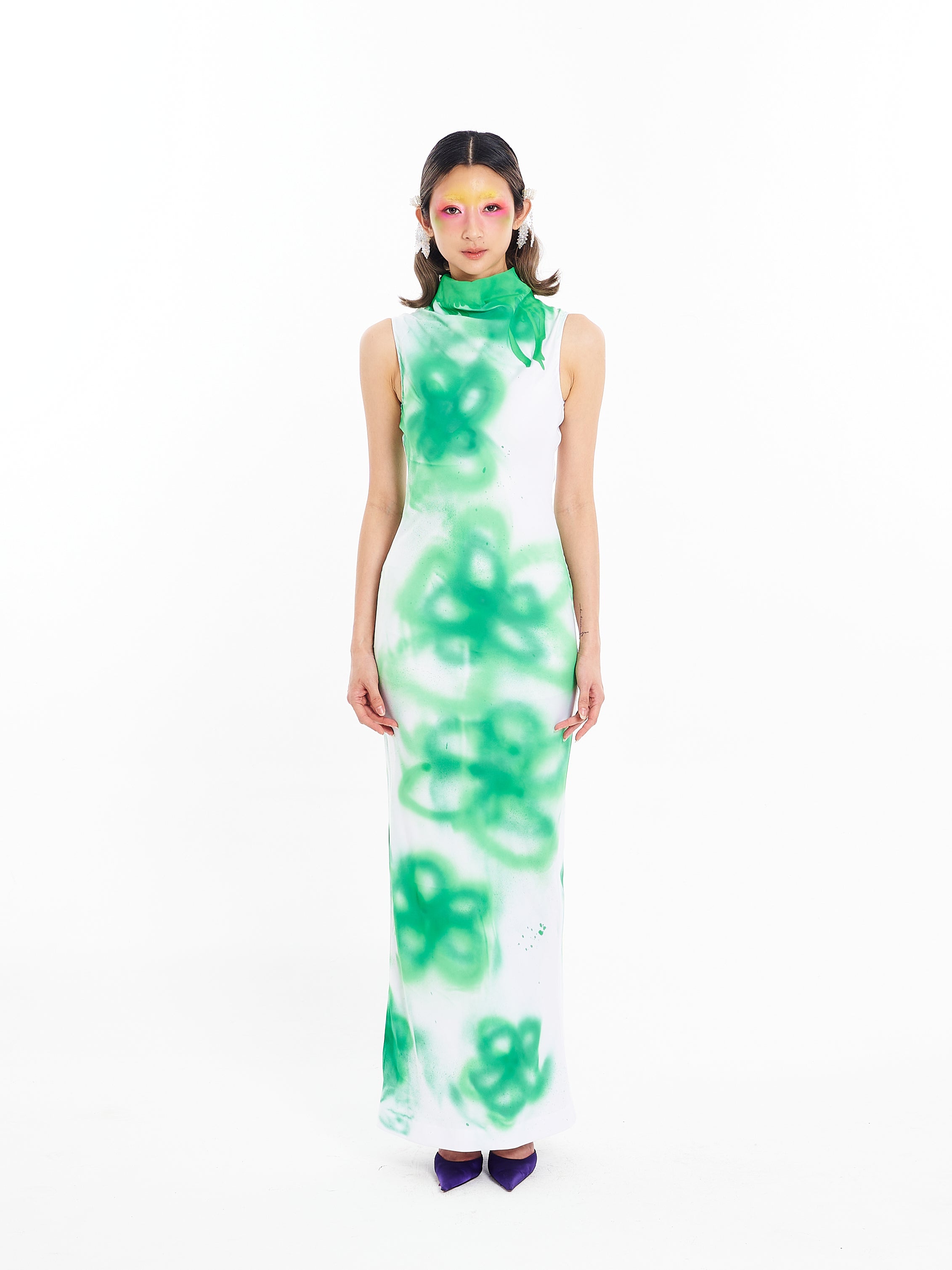 White and Green Fitted Cowl Maxi Dress