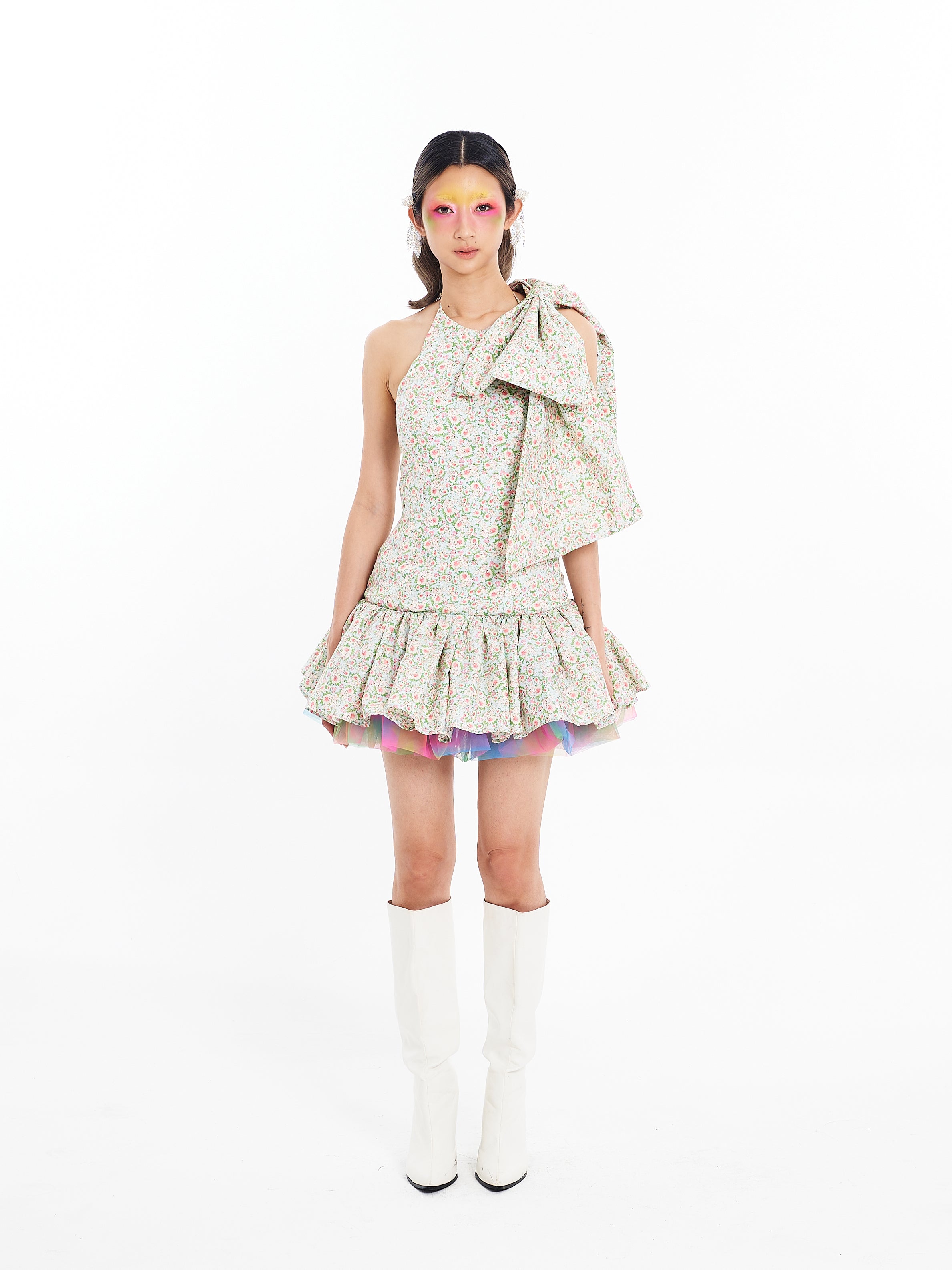 Green Floral Stacked Ribbon Dress