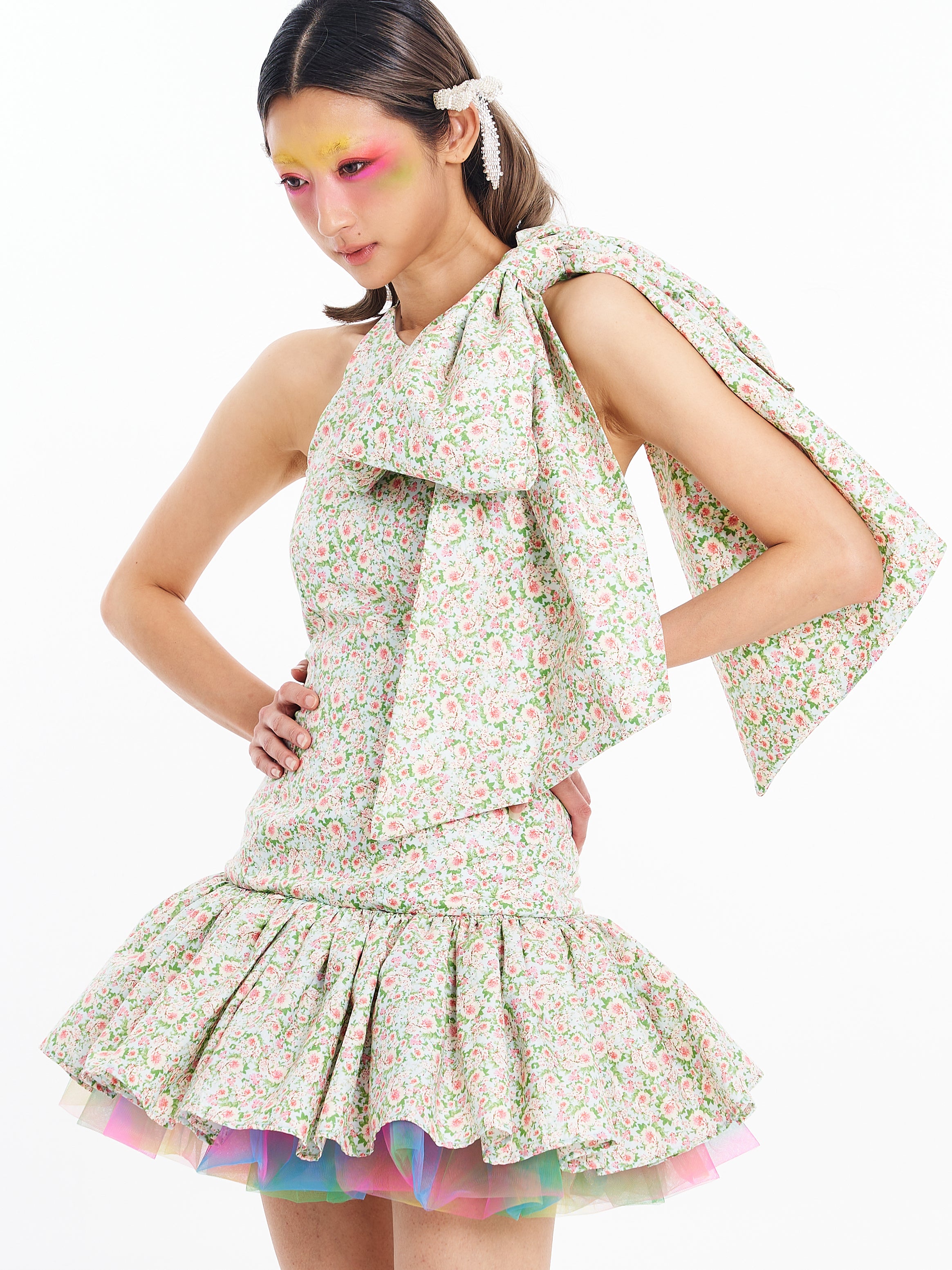 Green Floral Stacked Ribbon Dress