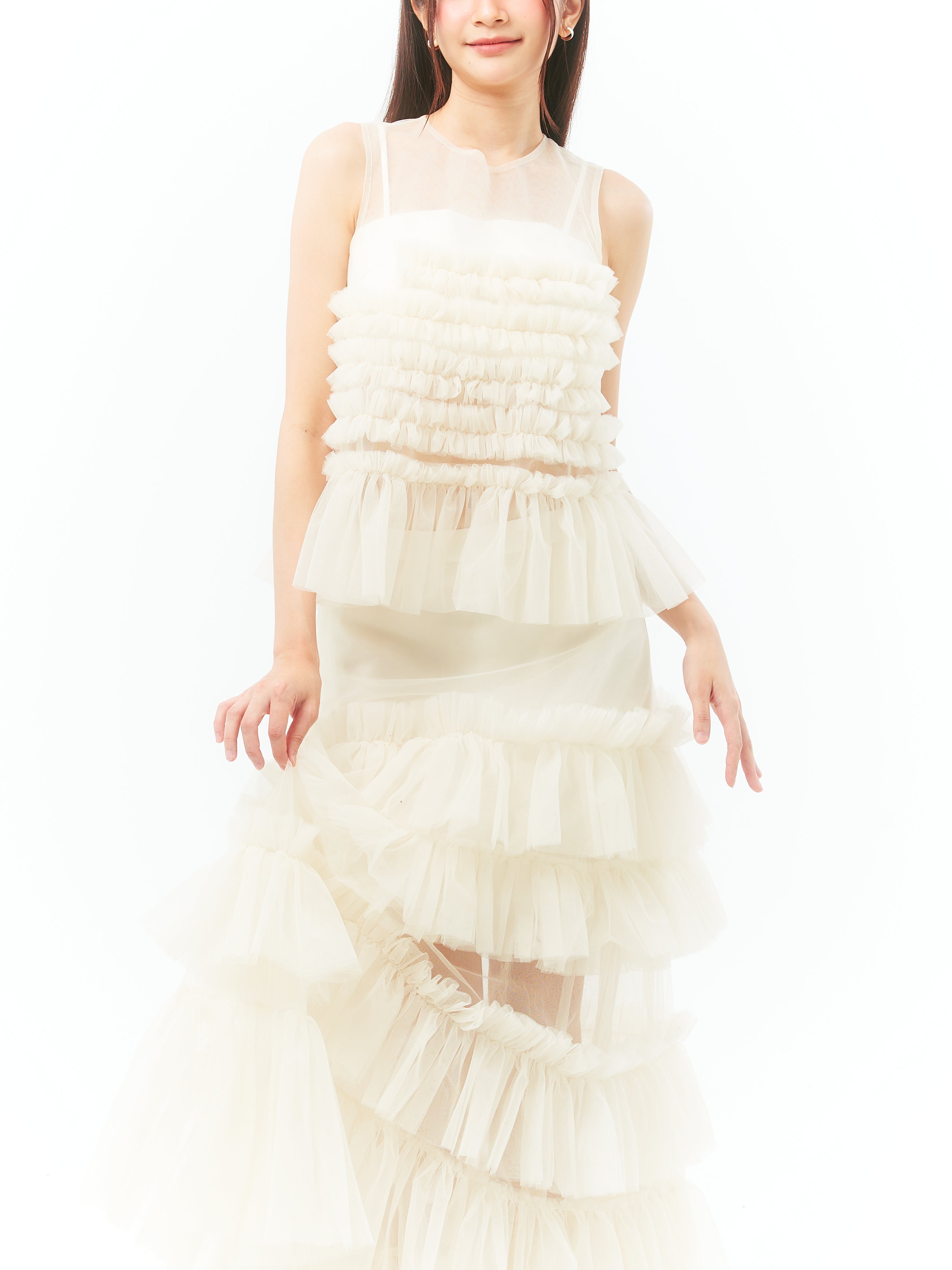 White Cake Ruffle Top And Maxi Skirt