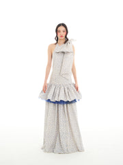 White Blue Floral Stacked Ribbon Maxi Dress