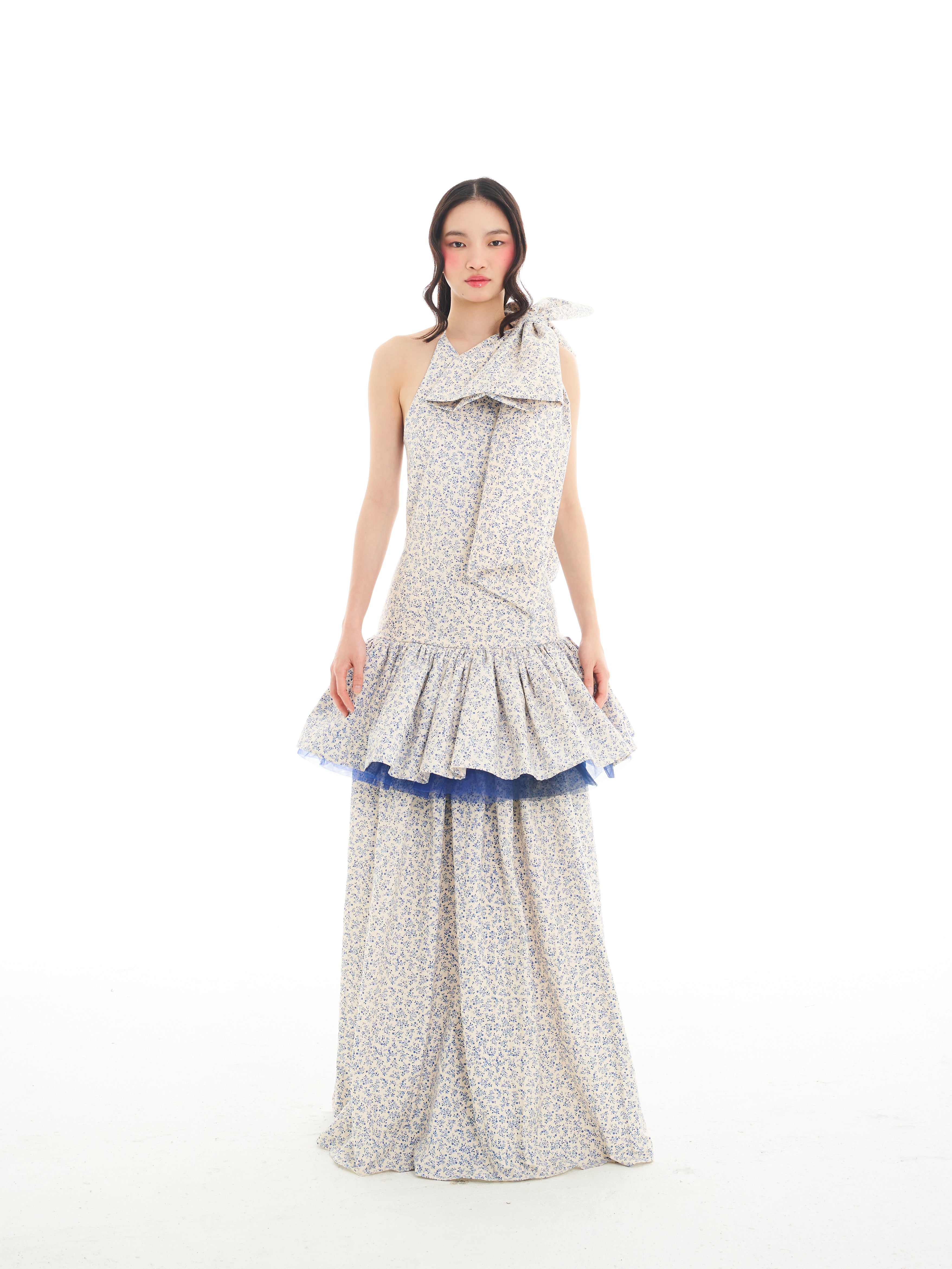 White Blue Floral Stacked Ribbon Maxi Dress