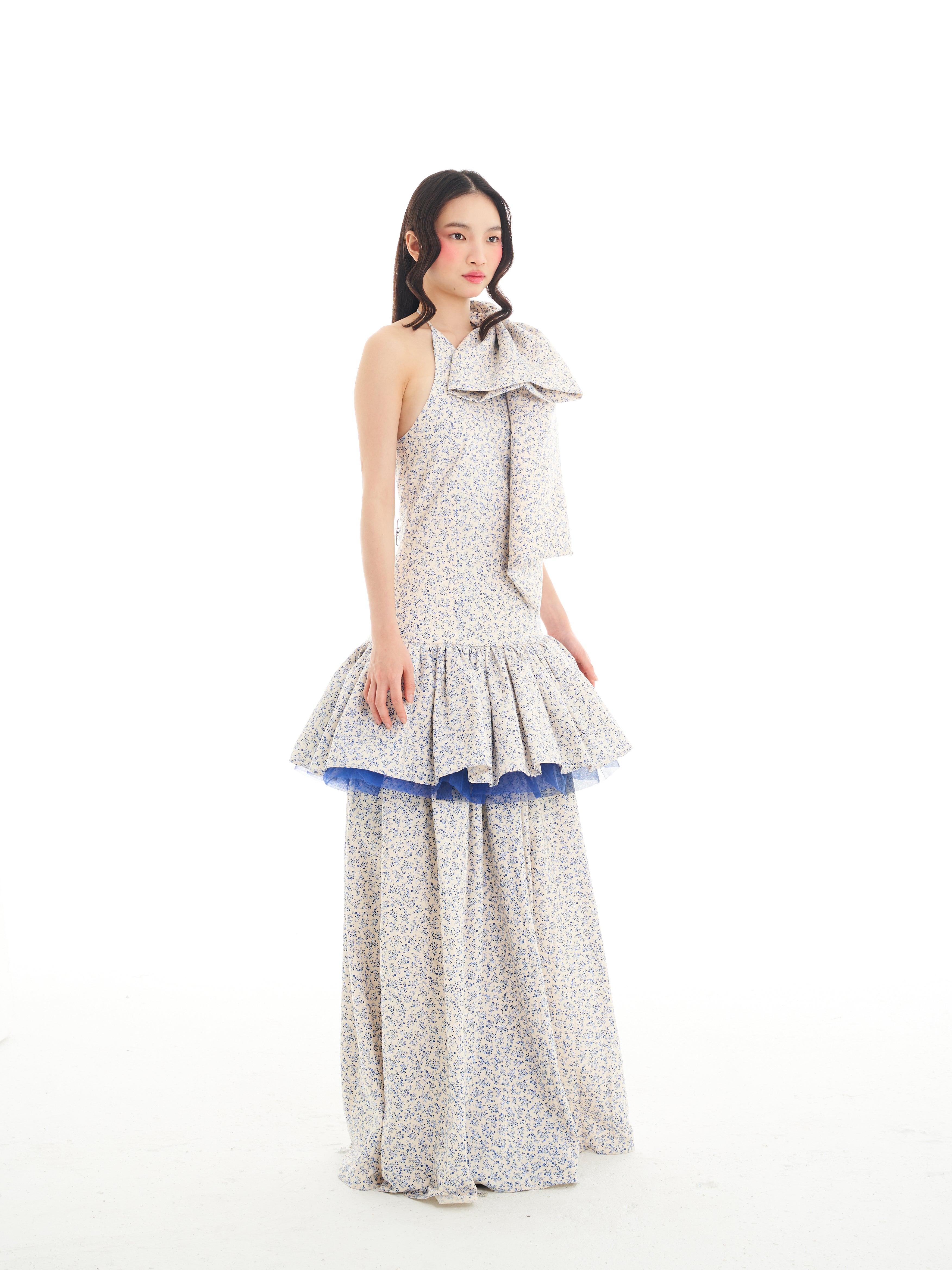 White Blue Floral Stacked Ribbon Maxi Dress