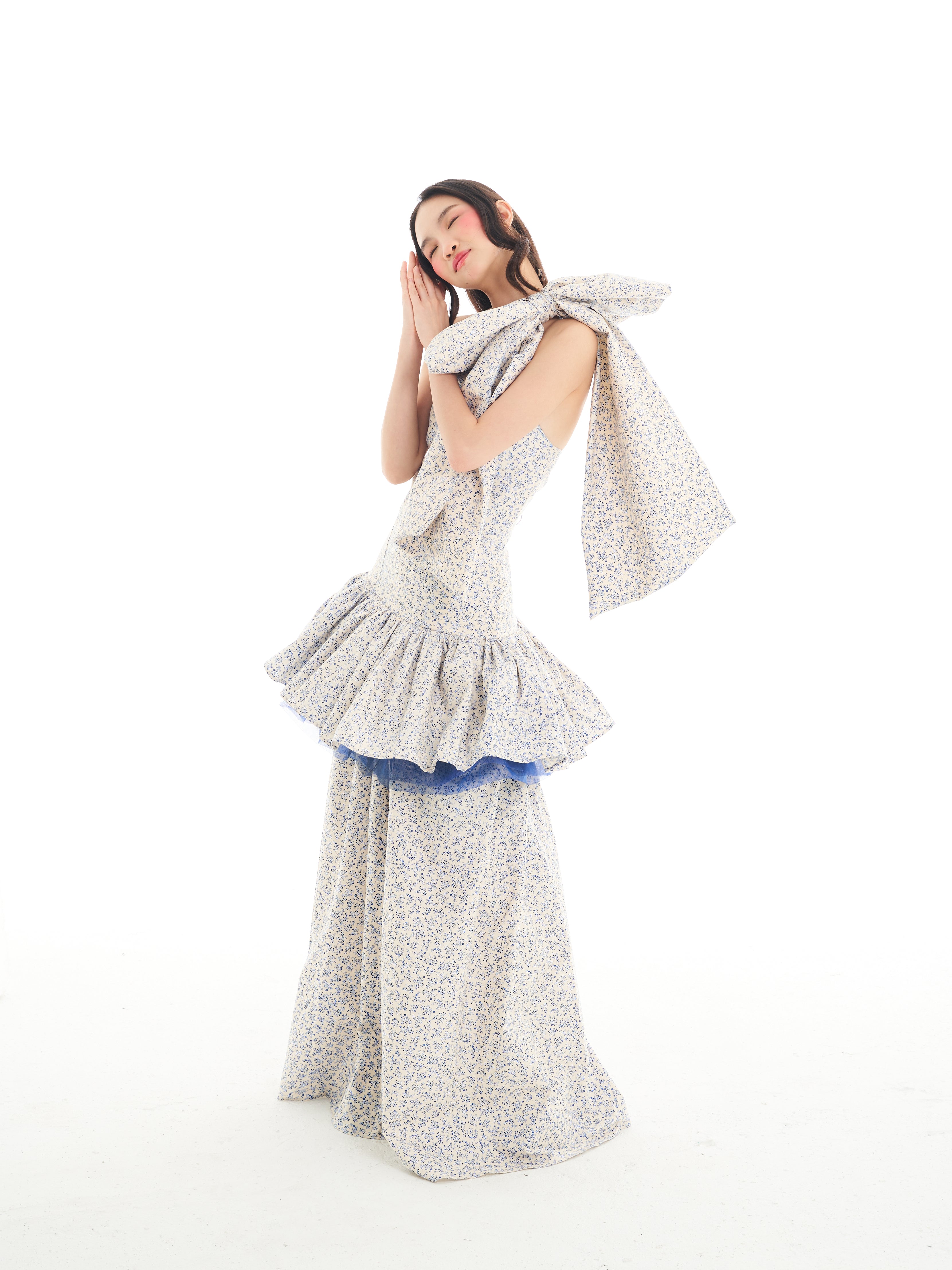 White Blue Floral Stacked Ribbon Maxi Dress