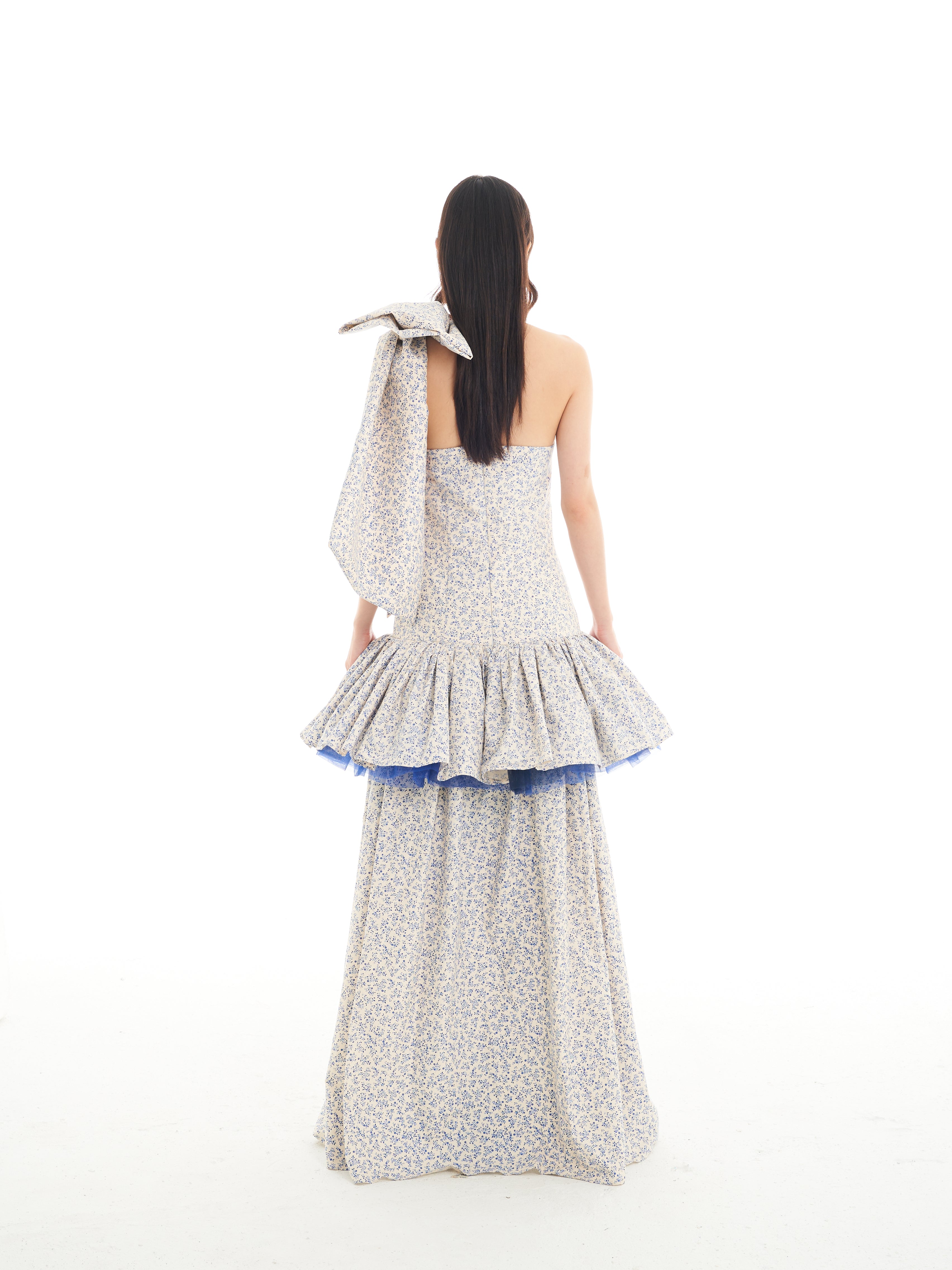 White Blue Floral Stacked Ribbon Maxi Dress