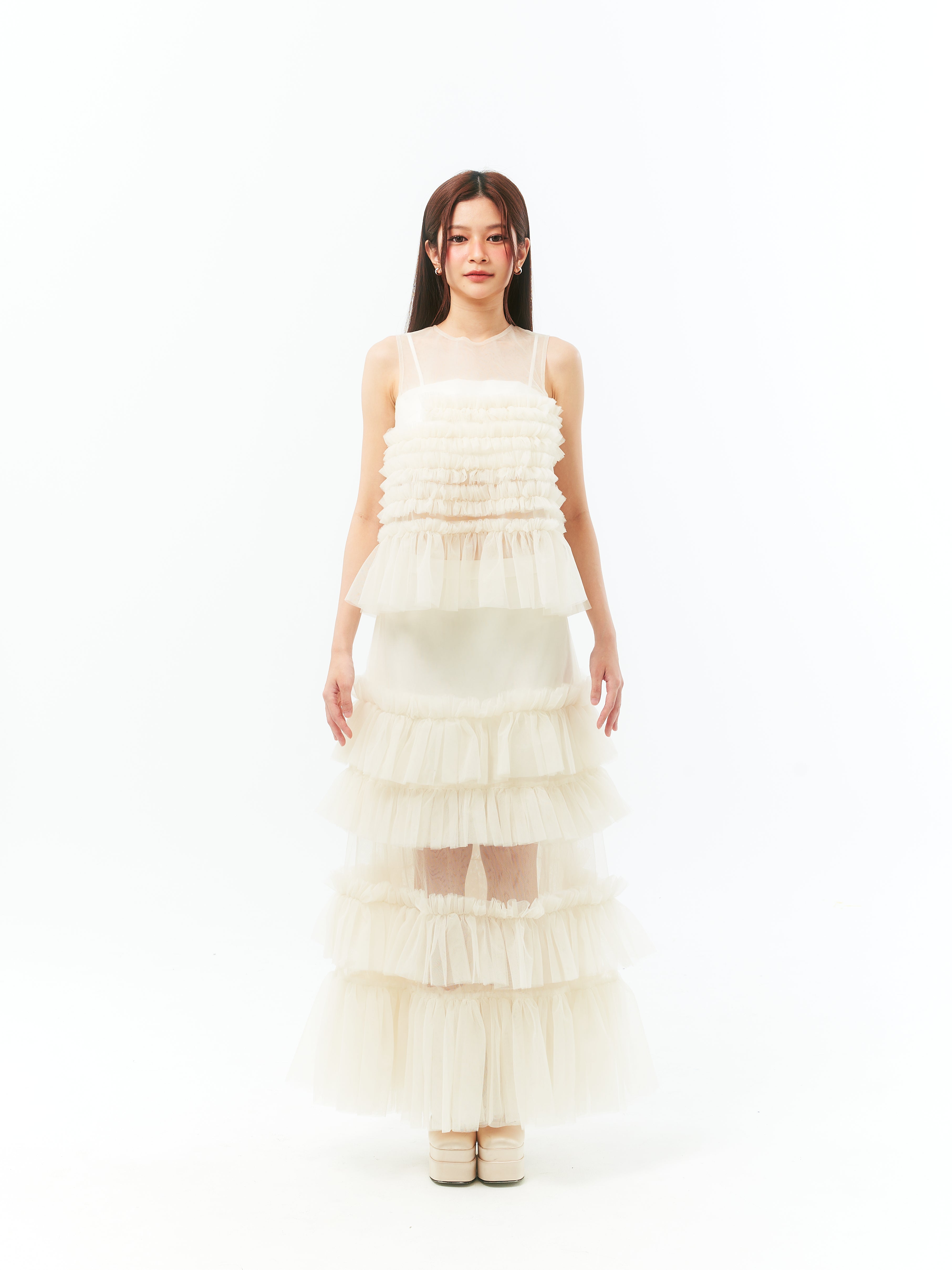 White Ruffles Long Dress Set