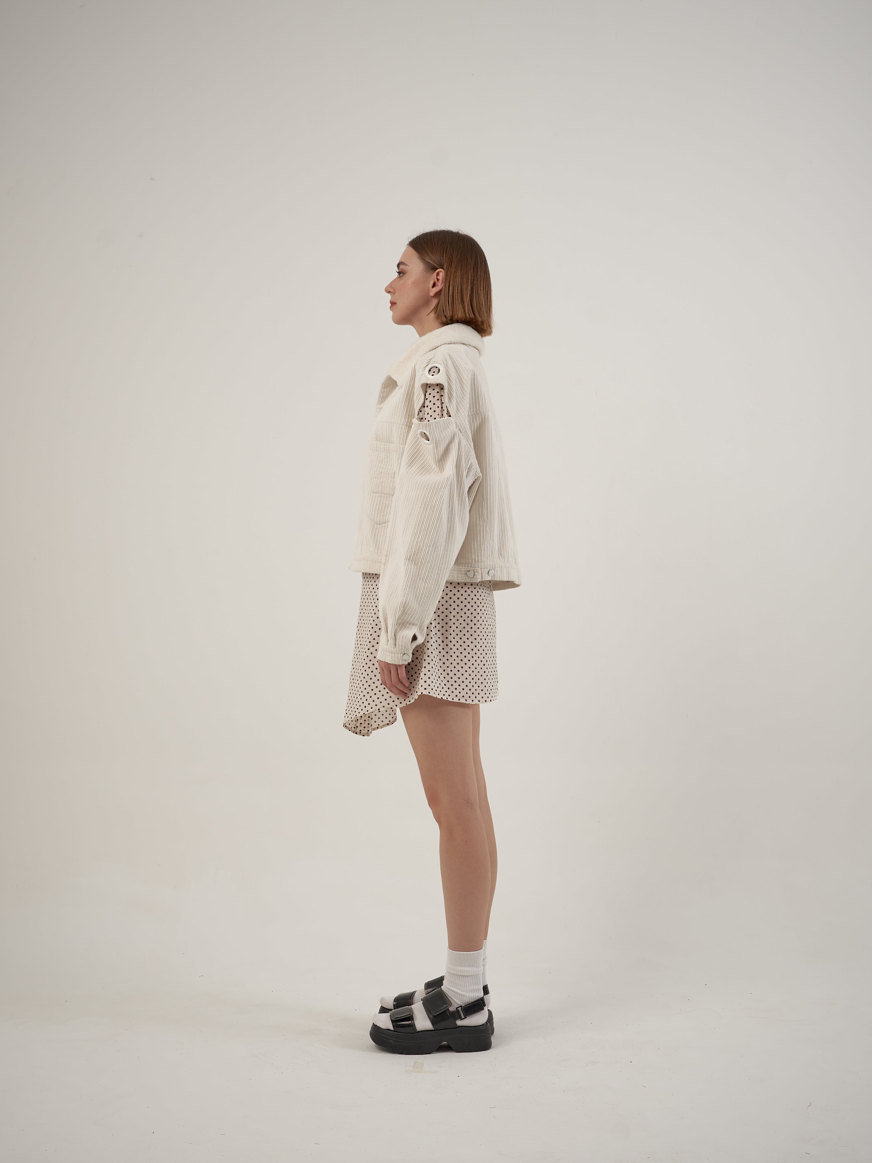 White Polka Dots Shirt Dress Jacket Set