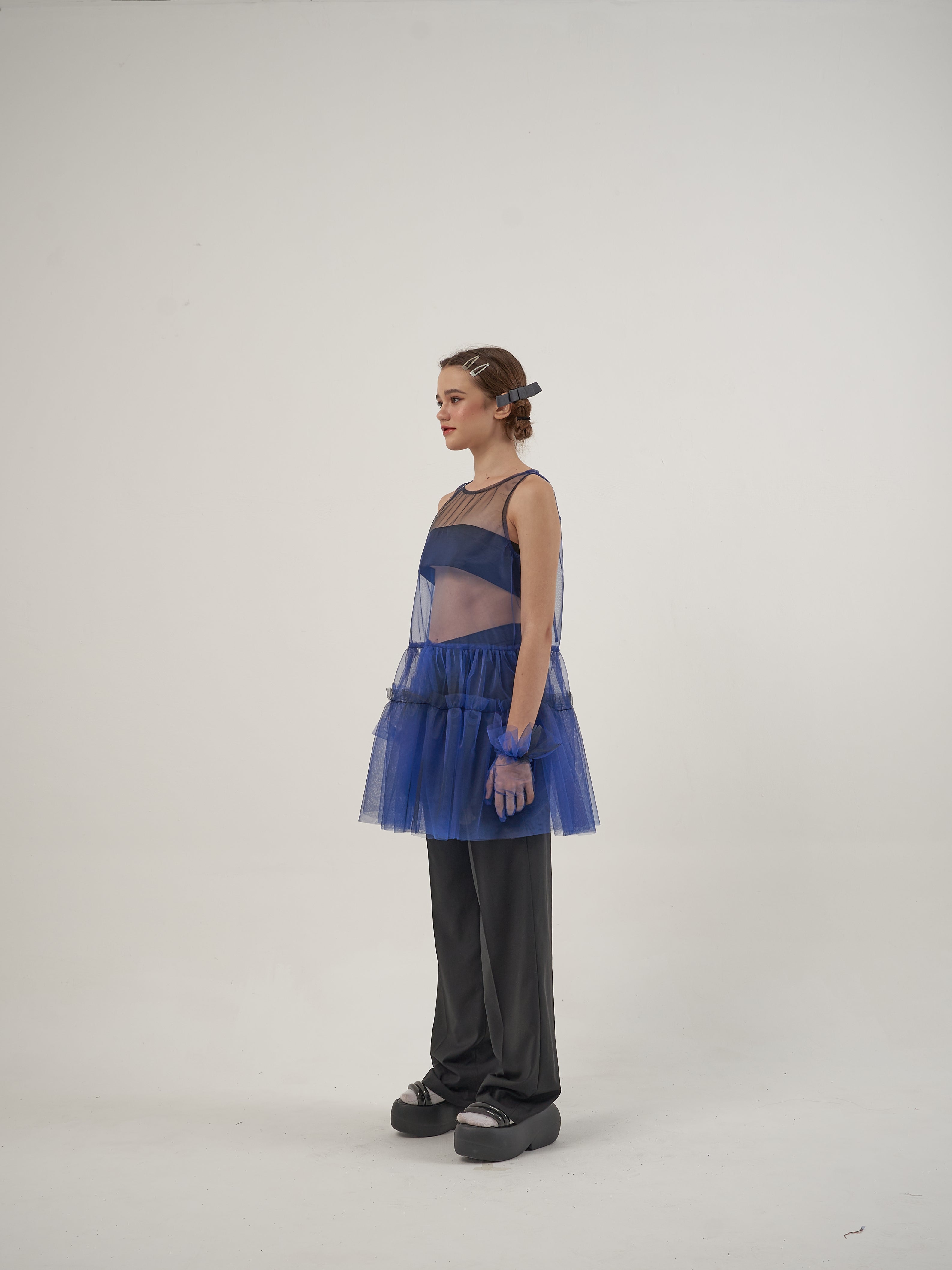 Blue Net Dress and Black Suit Set
