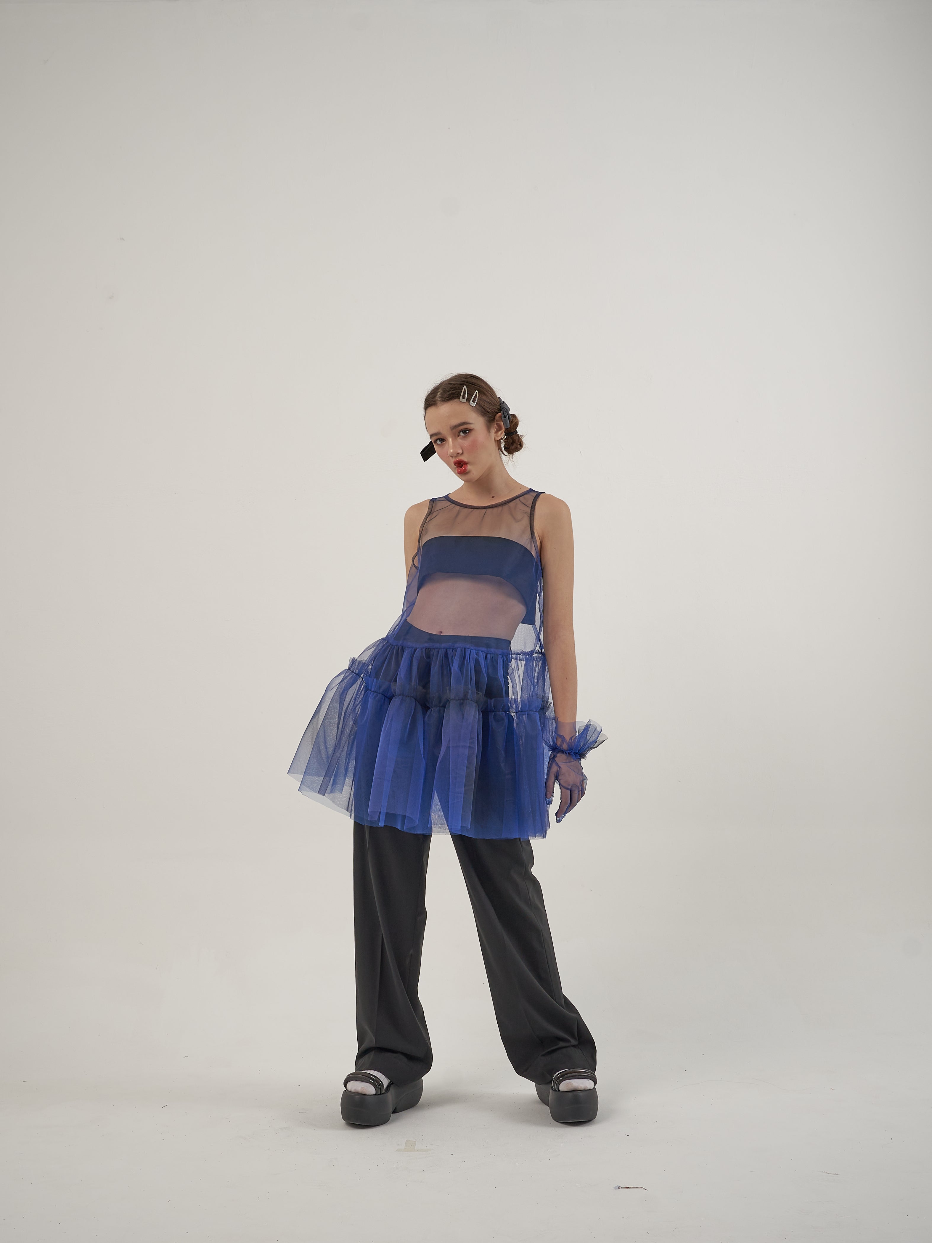 Blue Net Dress and Black Suit Set