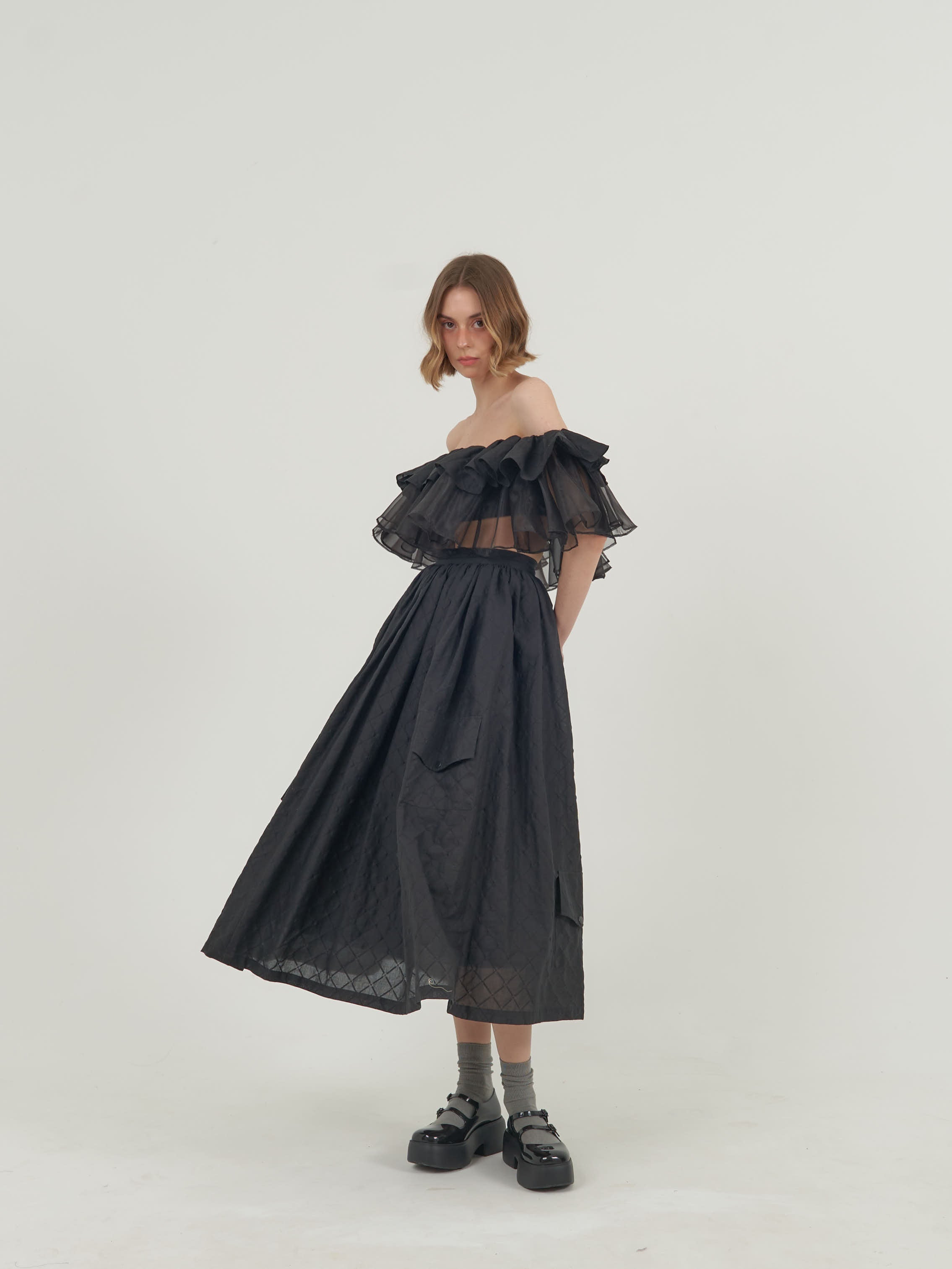 Black Off-Shoulder Top and Skirt Set