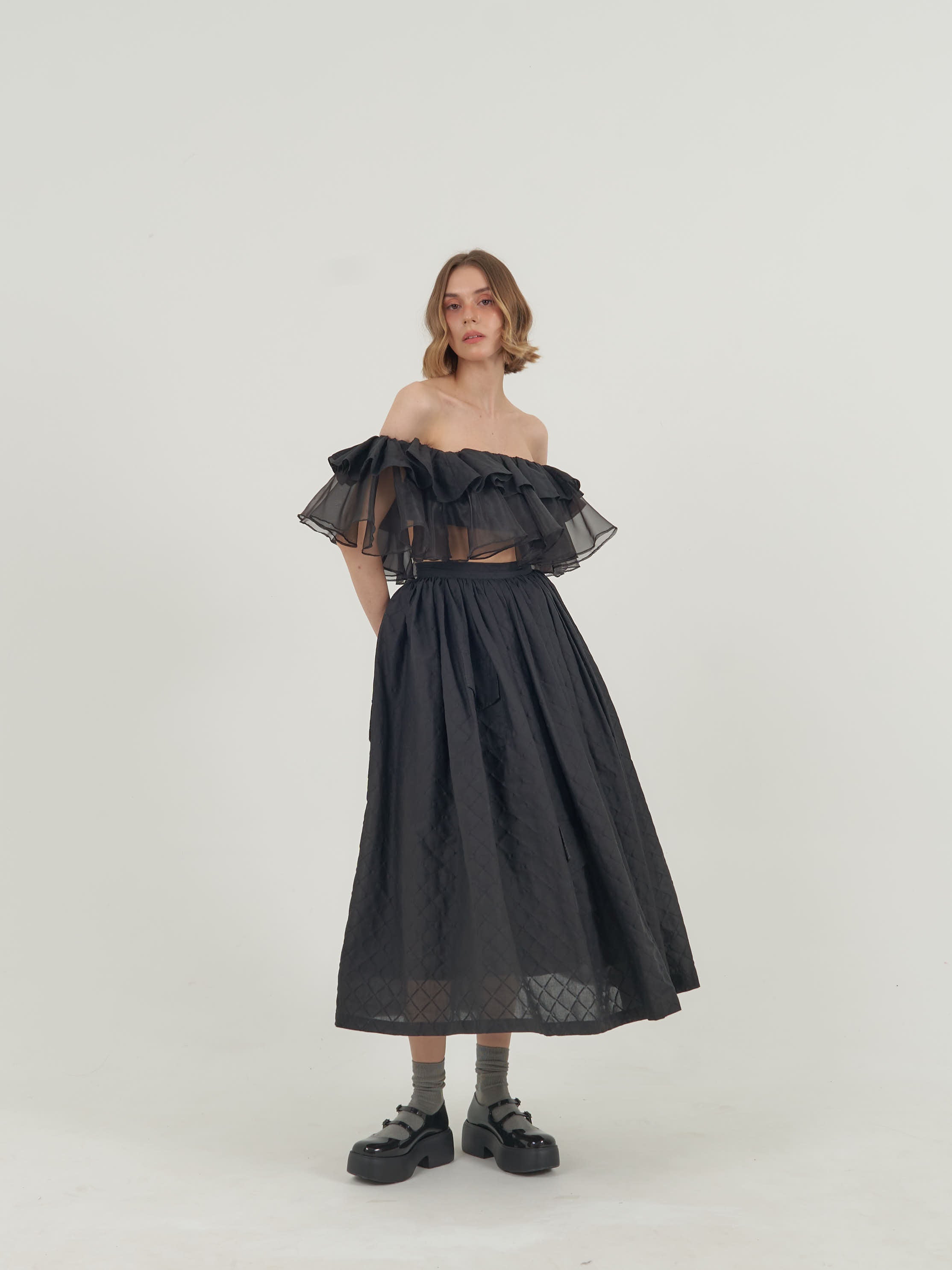 Black Off-Shoulder Top and Skirt Set