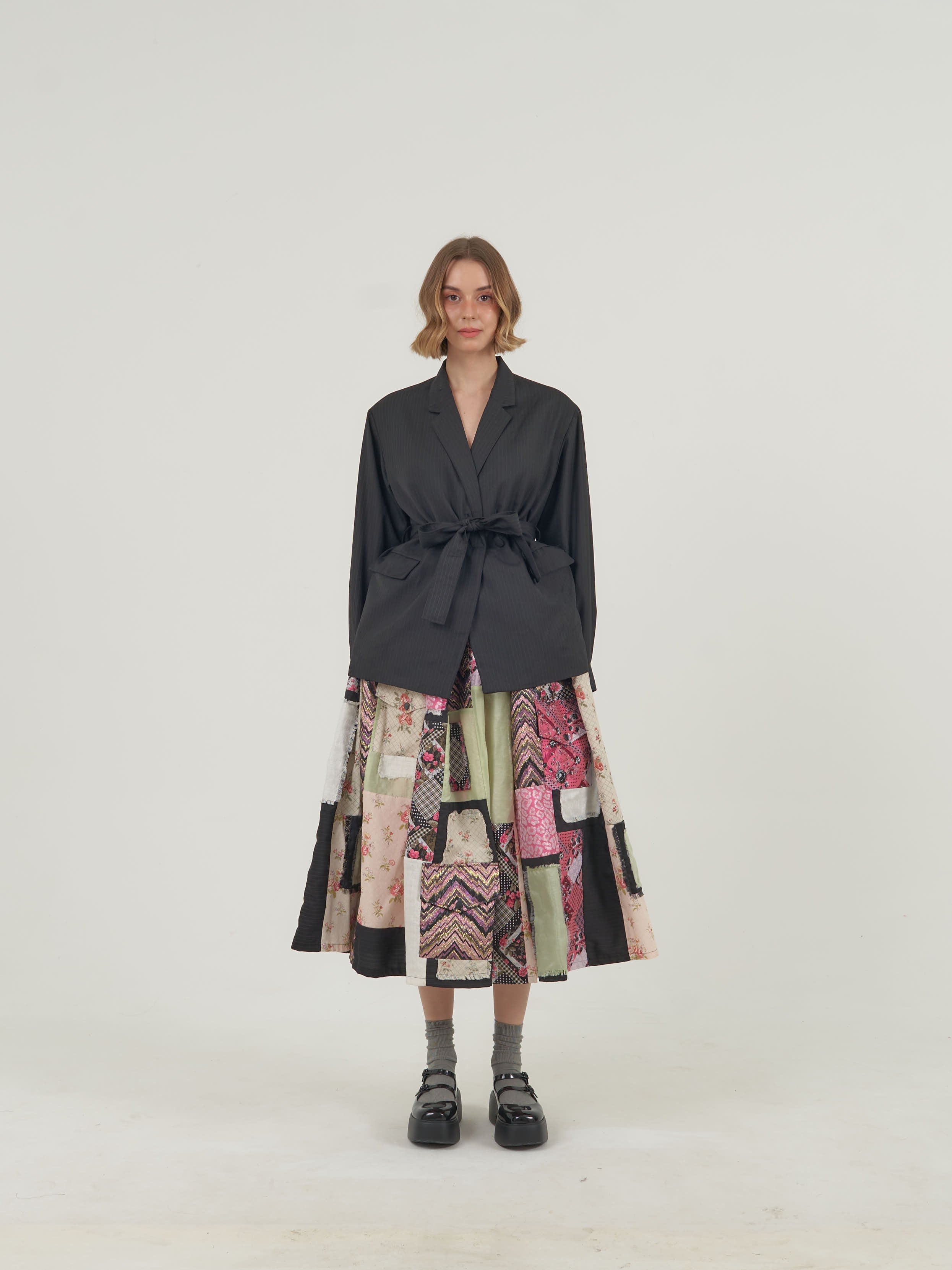Black Jacket Patch Skirt Set
